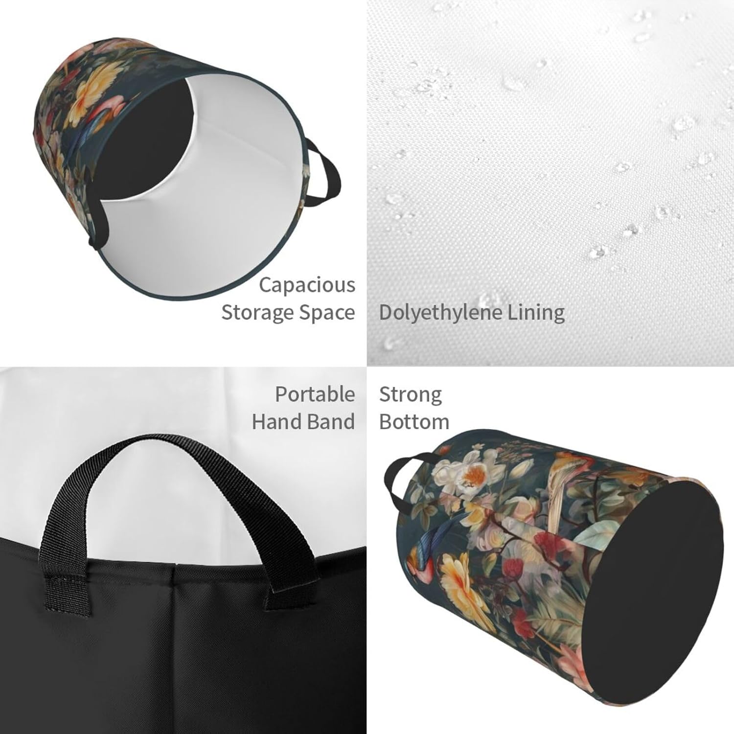 Flowers Birds Laundry Basket With Handles, Foldable Laundry Hamper Oxford Cloth Dirty Clothes Basket Waterproof Clothes Toys Storage Bin Organizer for Bedroom Bathroom Dorm