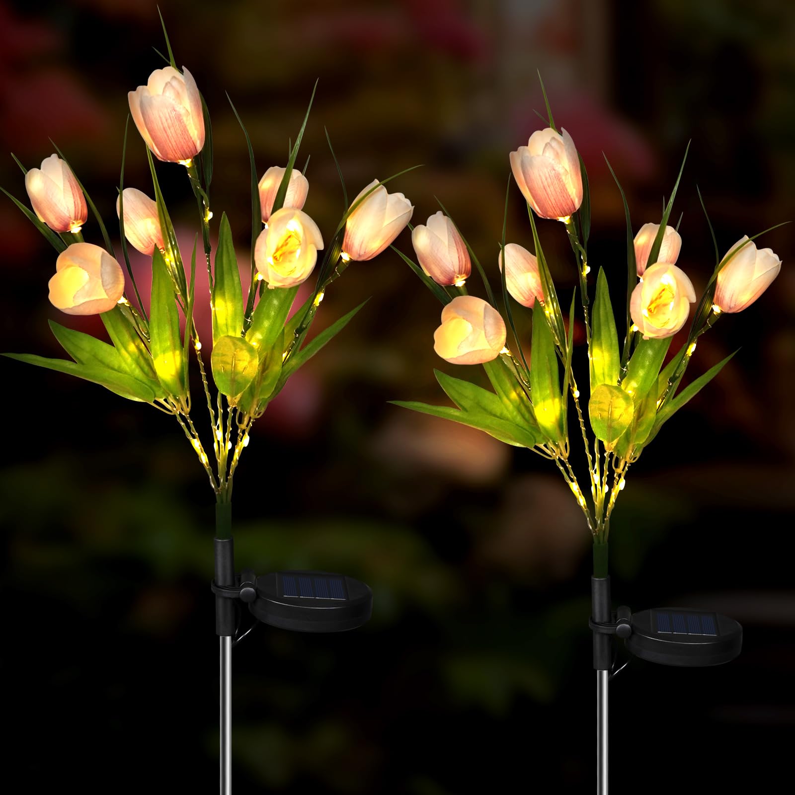 Aolyty 2 Pcs LED Solar Garden Lights, Decorative Waterproof Tulip Stake Light, Outdoor Artificial Ornaments for Grave Patio Pathway (White-Purple)