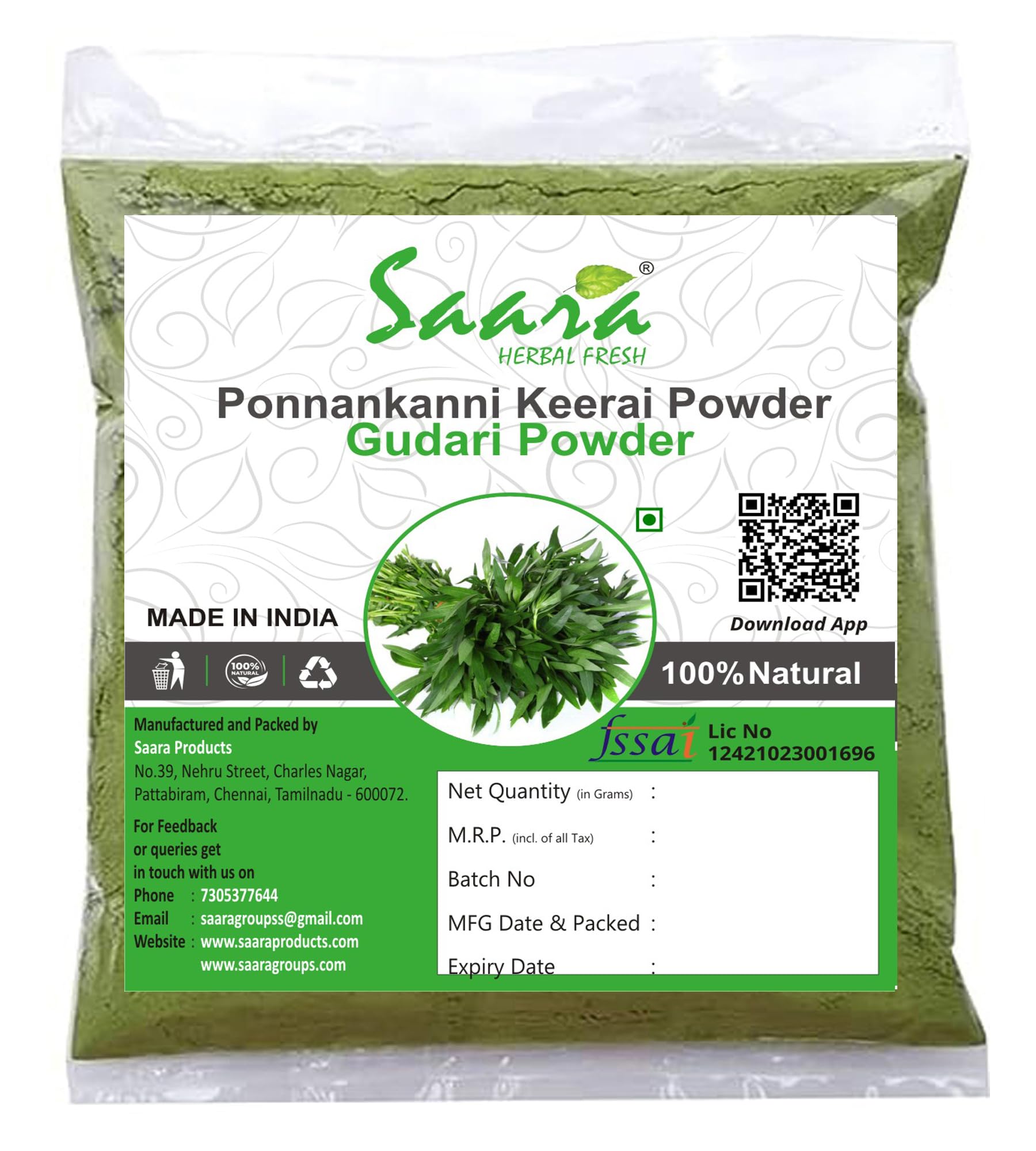 Saara HERBAL FRESH Ponnankanni Keerai Powder,101g, Ponnaganti, Matsyaakshi, Gudari Saag, Sessile Joyweed, Dwarf Copper Leaf Powder, 101g (Pack of 1 x 101g) (B082XDL6WY) Amazon Price History, Amazon Price Tracker