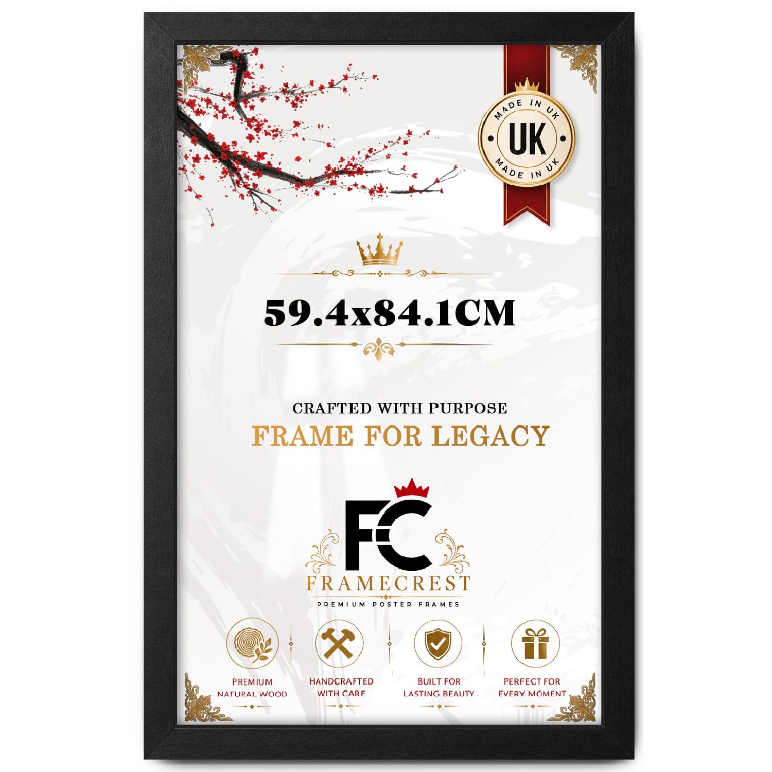FRAMECREST Premium Large Rectangle MDF Poster Frame 59.4x84.1cm | MDF Wood Finish Clear Perspex | Landscape or Portrait Orientation | Photos, Posters, Artwork & Gifts - [Matt Black]