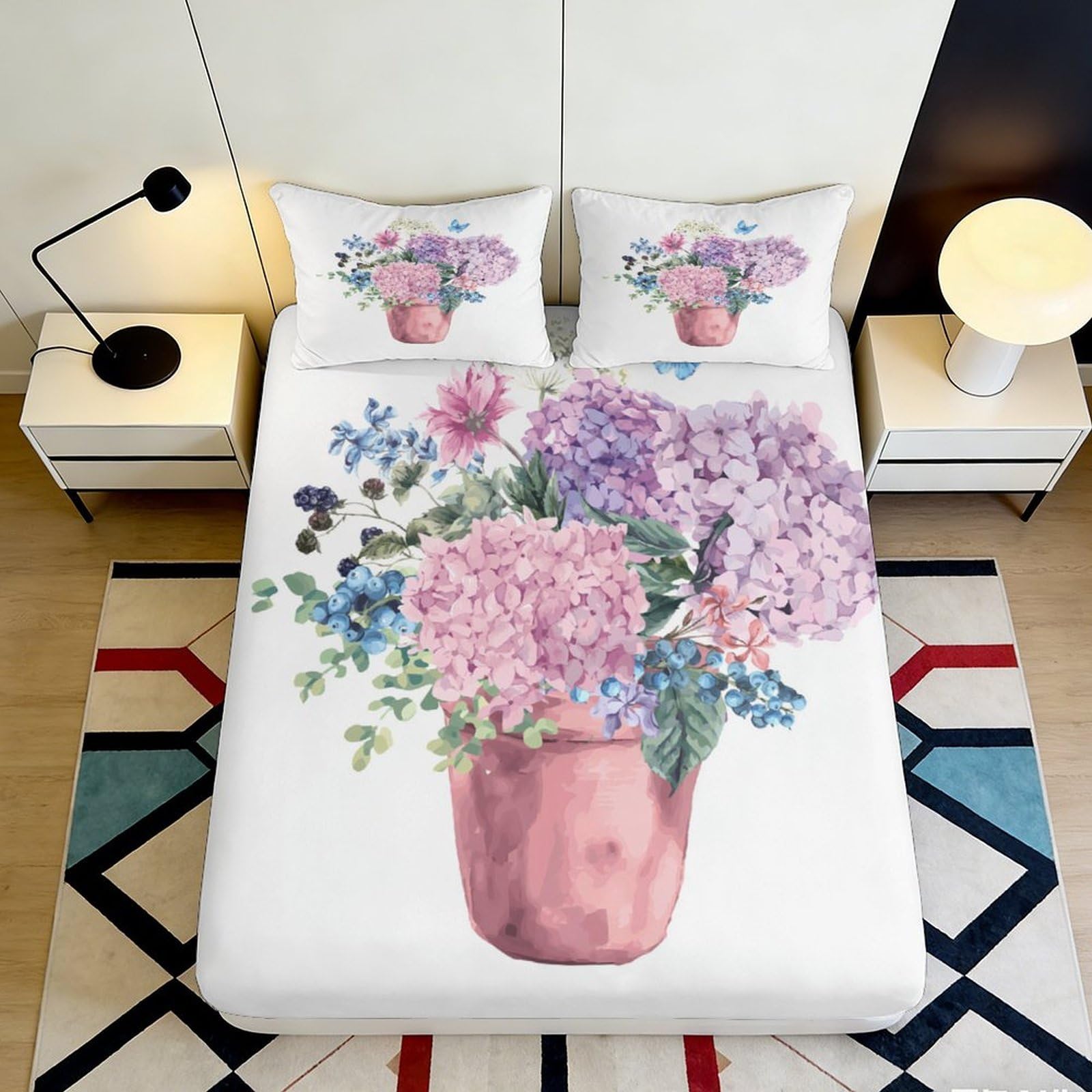 3D Printed Floral Vase Fitted Sheet Microfiber Soft Breathable Botanical Bed Sheet Bedroom Decor Mattress Protection 90x200x25cm