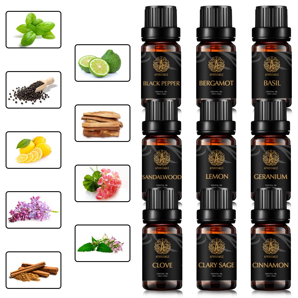 Aromatherapie Basilikum ätherisches Öl Set für Diffusor, 100% reines Bergamotte ätherisches Öl Kit für Hause, 9x10mle Black Pepper ätherische Öle Set-Zimt,Clary Salbei,Geranienöle...