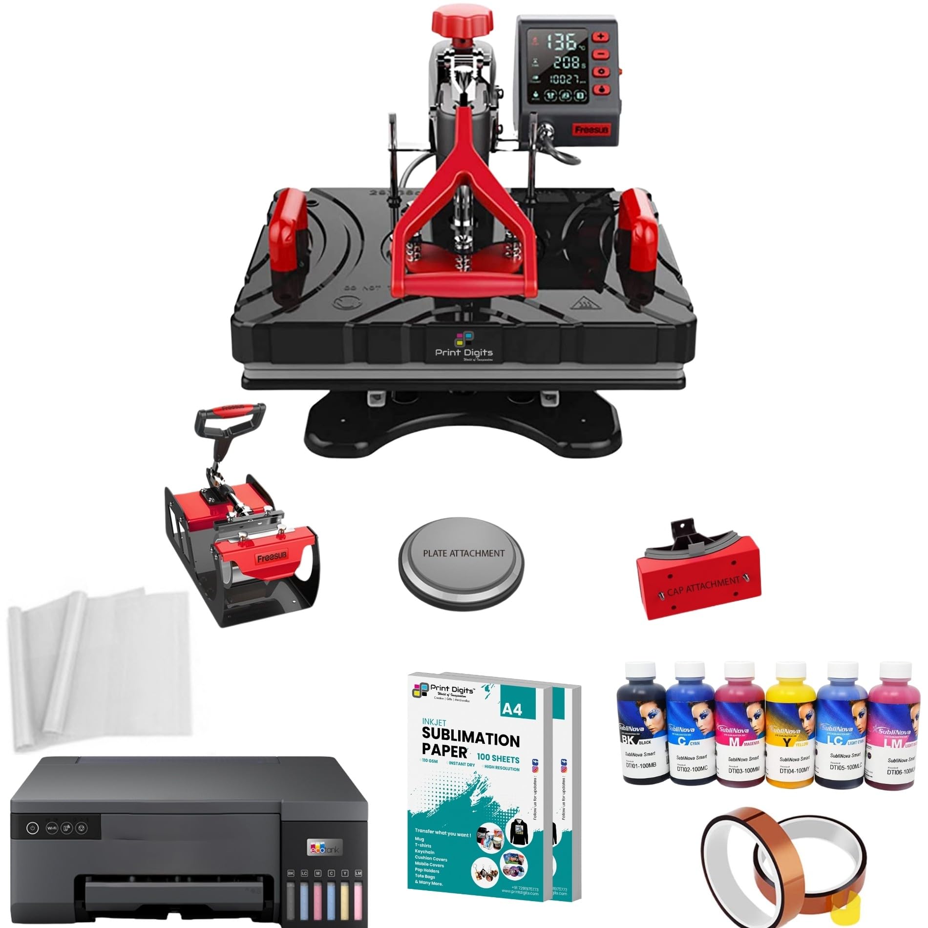 Print Digits | P8100 5-in-1 Heat Press Machine (Latest Model Teflon Coated with Double Heating Tubes) + 6-Color WiFi Printer | Sublimation Combo & Free Samples-image-22