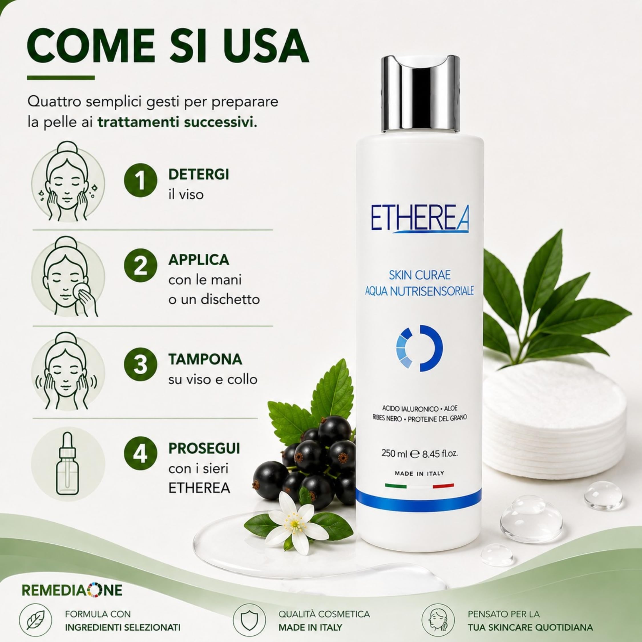 REMEDIA ONE Etherea Tonico Viso Acqua Nutrisensoriale, Ricarica 1 Litro | Face Toner, Acido Ialuronico, Aloe e Ribes Nero, Senza Alcool, Nichel Tested, Tutti i tipi di pelle, Made in Italy