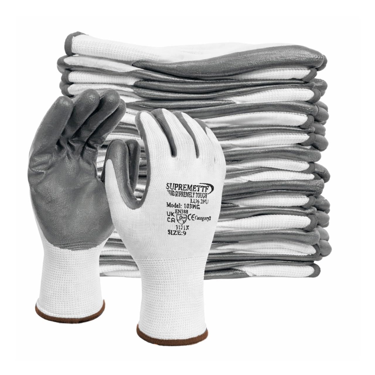 Supreme TTF 24 Pairs White Grey Nitrile Coated Palm Nylon Builders Safety Work Gloves Builders Construction Gardening Grip (Large (Size 9))
