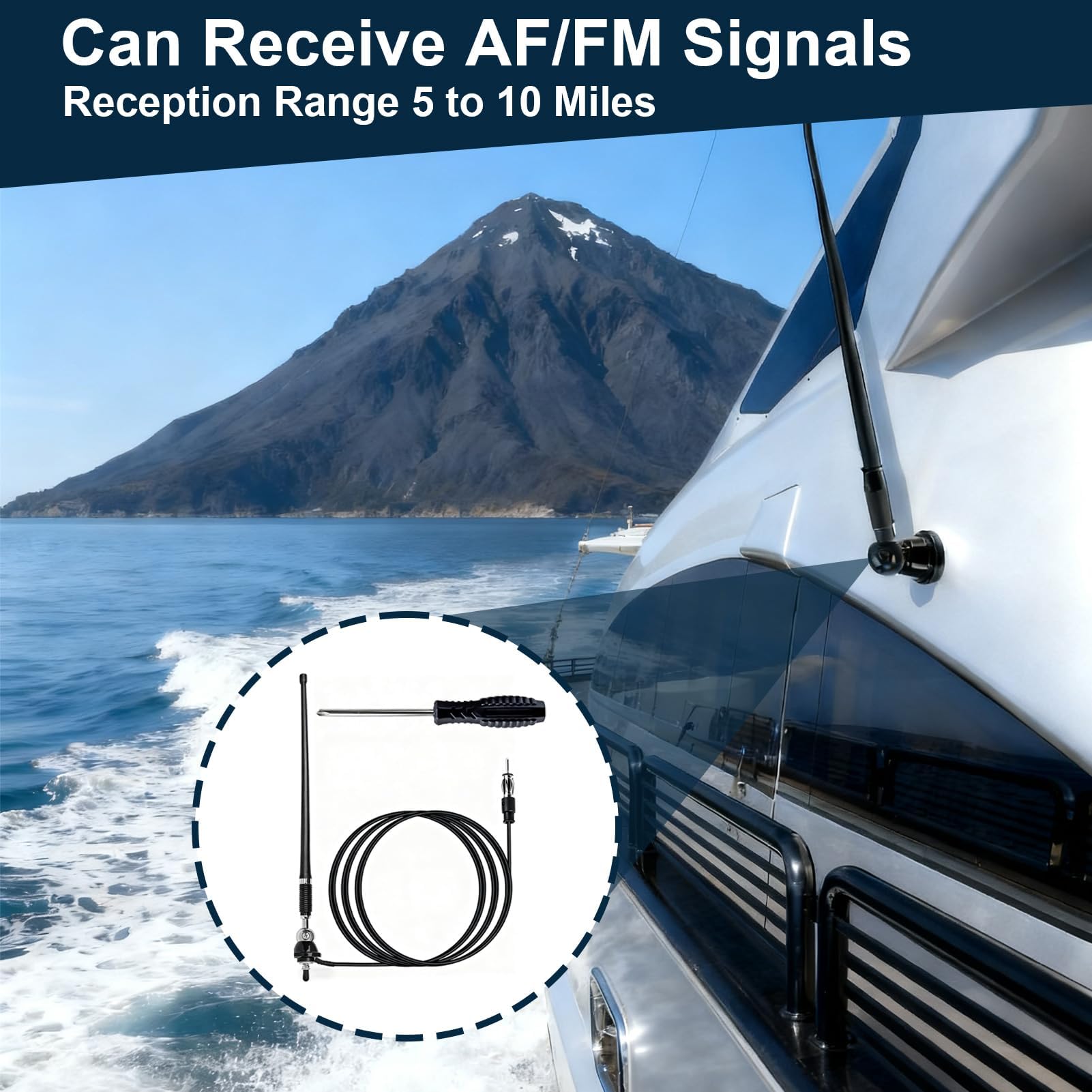 Antenna Radio Marina, Antenna Barca AM FM Universale 16 Pollici in Gomma Flessibile con Rotazione 180°, Per Barche, Jeep, Trattori e Veicoli da Costruzione, Compatibile Autoradio DIN con Cavo Prolunga