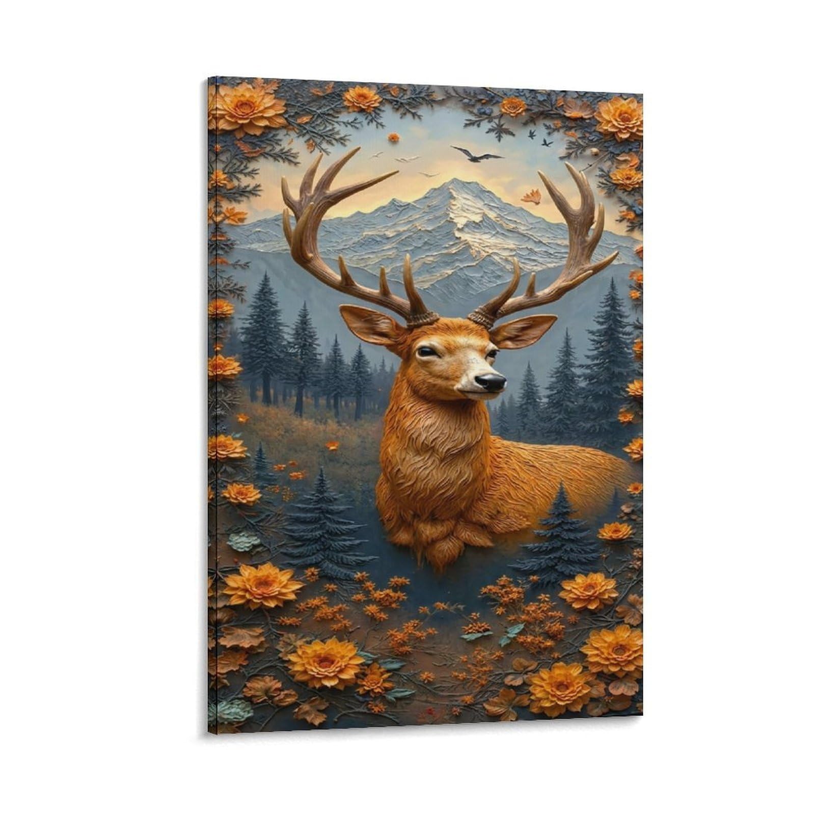 DHBANEIOK Deer in Mountain Scenery Poster Artwork Giclee Canvas Prints Modern Wall Art Picture Wall Hanging for Bedroom Living Room Decor 20x30inch(50x75cm)