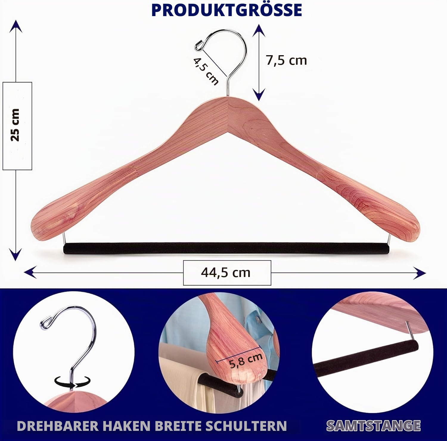 Amber Home 5 Stück 44,5cm Kleiderbügel aus Zeder Holz, Natürliche | Breite Schultern(5,8cm), Rutschfest Stange für Hose, Aufhänger für Jacke, Mantel, Schwere Kleidung