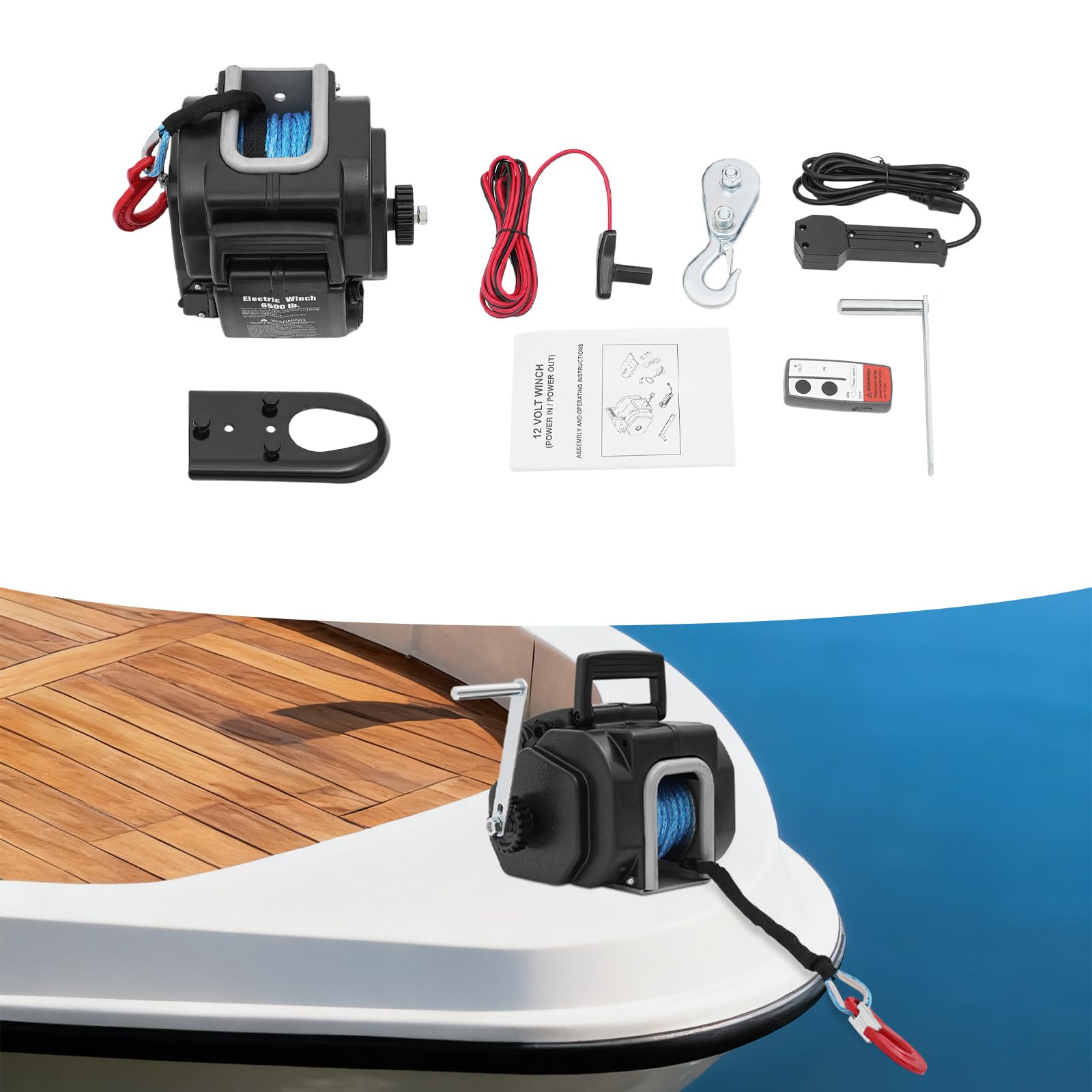 Cabrestante eléctrico de 12 V con 2948 kg (6500 libras) de fuerza de tracción, 400 W, cabrestante con protección contra sobrecarga y mando a distancia por cable, todoterreno, coche y remolque (cable