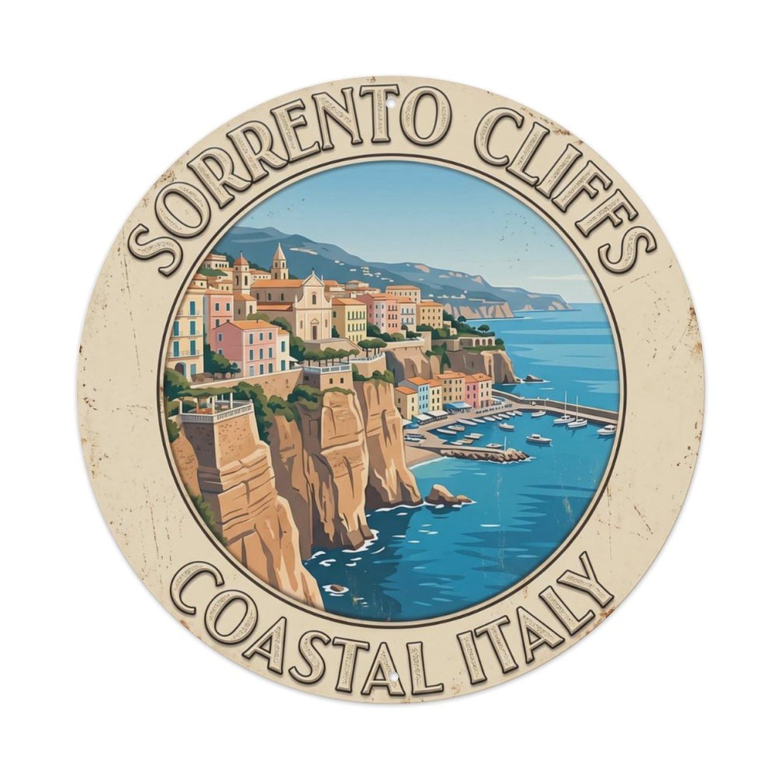 Sorrento Cliffs Coastal Italy Bay Metal Tin Sign Plaque Wall Decor for Cafe, Club Bar, Office, Home Garden Round Metal Poster 8x8Inch