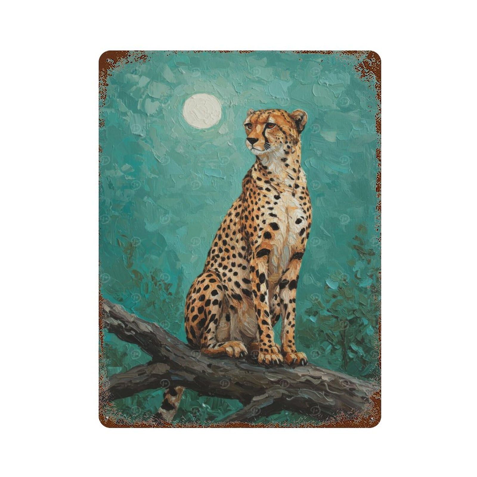 Retro Metal Sign with Cheetah on Branch Under Moonlight Painting Design 15.7"x11.8", for Office, Studio And Wall Decor, Retro Wall Decor