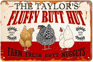 Personalized Fluffy Butt Hut Chicken Sign Metal Funny Chicken Coop Classic Metal Sign Aluminum Farm Fresh Butt Nuggets Eggs Outdoor Fence Decor Tin Sign 8 x 12 Inch