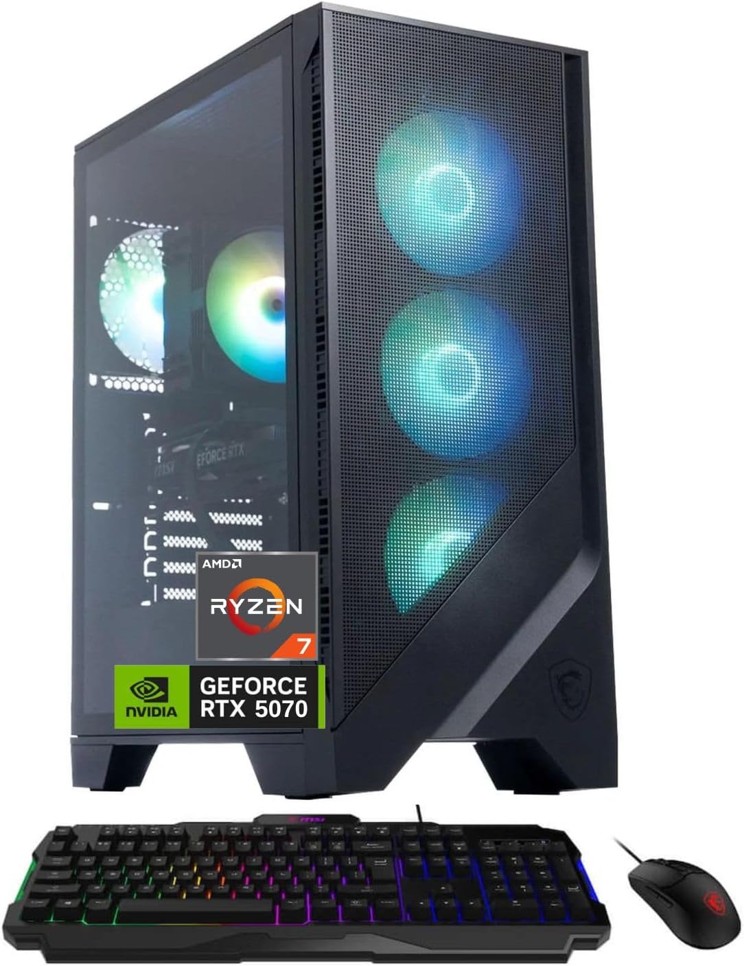 msi Codex Z2 RTX 5070 Gaming Tower Desktop, AMD Ryzen 7 8700F, 32GB DDR5 RAM, 2TB SSD, DP, Wired RGB Backlit KB & Mouse, RGB Lighting, Air Cooler, RJ-45, Wi-Fi 7, Windows 11 Home, Black