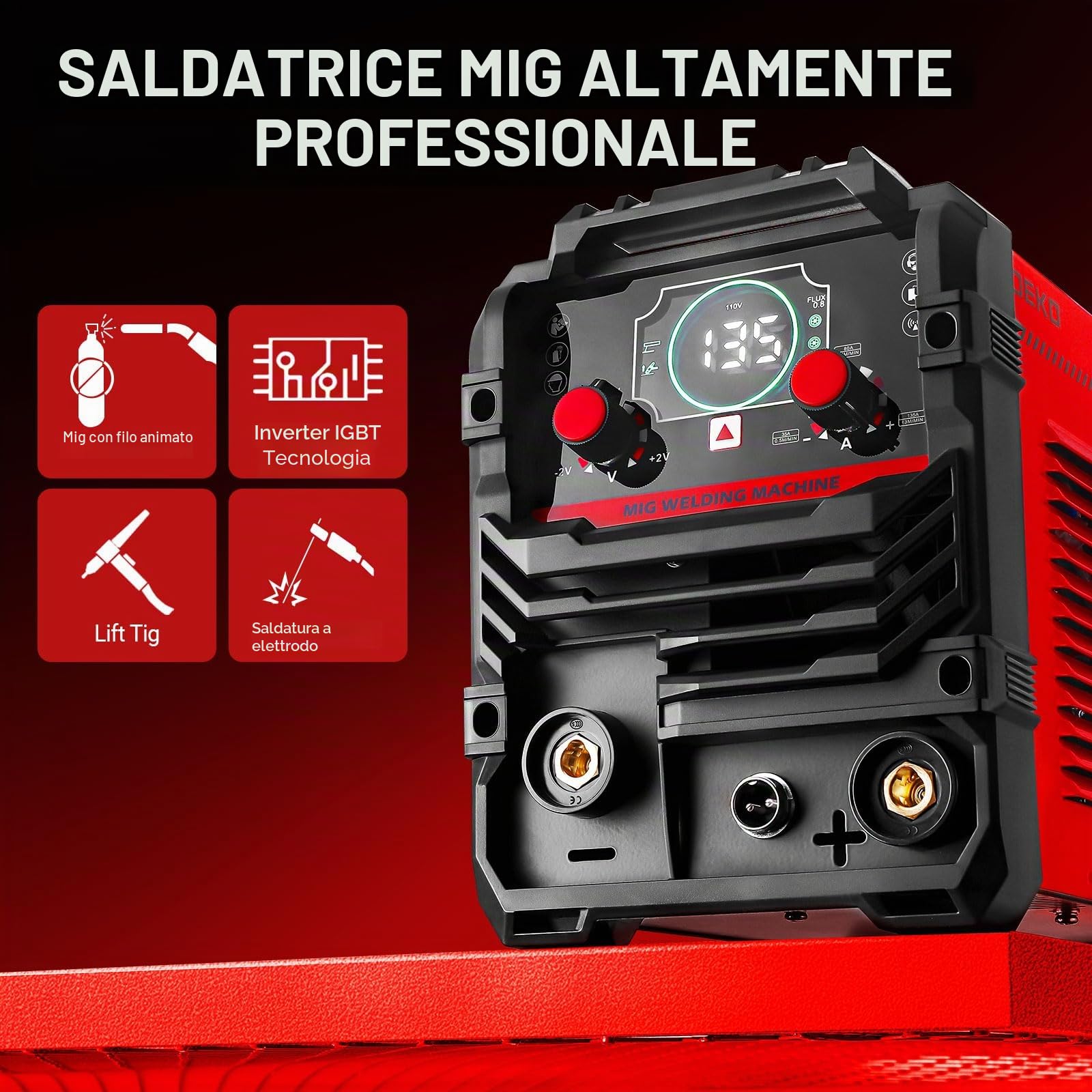 DEKOPRO Saldatrice 220V 135A MIG-Lift TIG-Stick 3-in-1 IGBT portatile, casco auto-oscurante solare true-color, kit completo per casa e fai-da-te, sicurezza e precisione