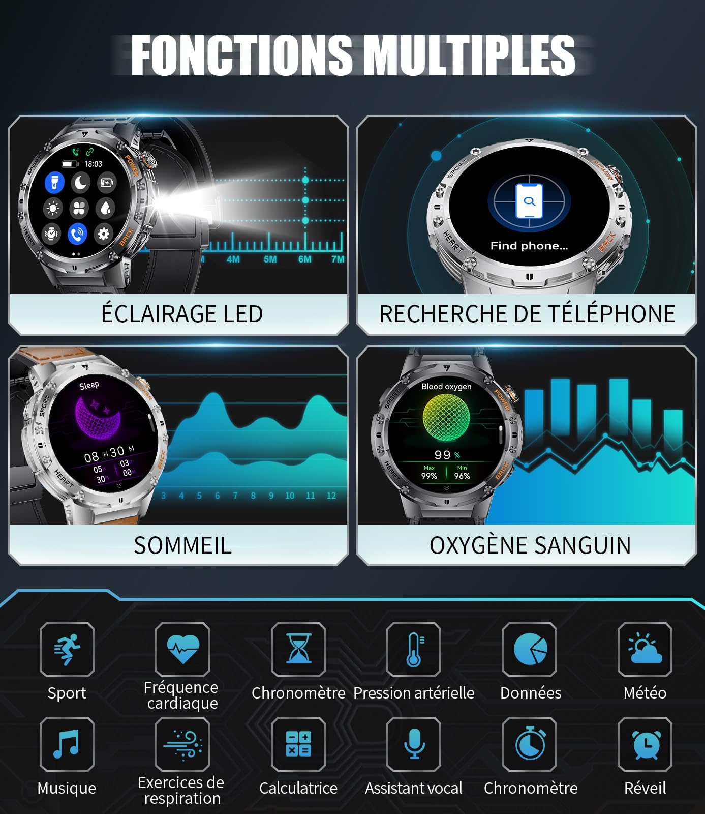 Montre Connectée Homme avec Lampe de Poche,1,43'' AMOLED Fitness Tracker avec avec Appel Bluetooth pour Android iOS Sommeil/Fréquence Cardiaque,Podomètre,530 mAh Sport Smartwatch Homme 2 Bracelets