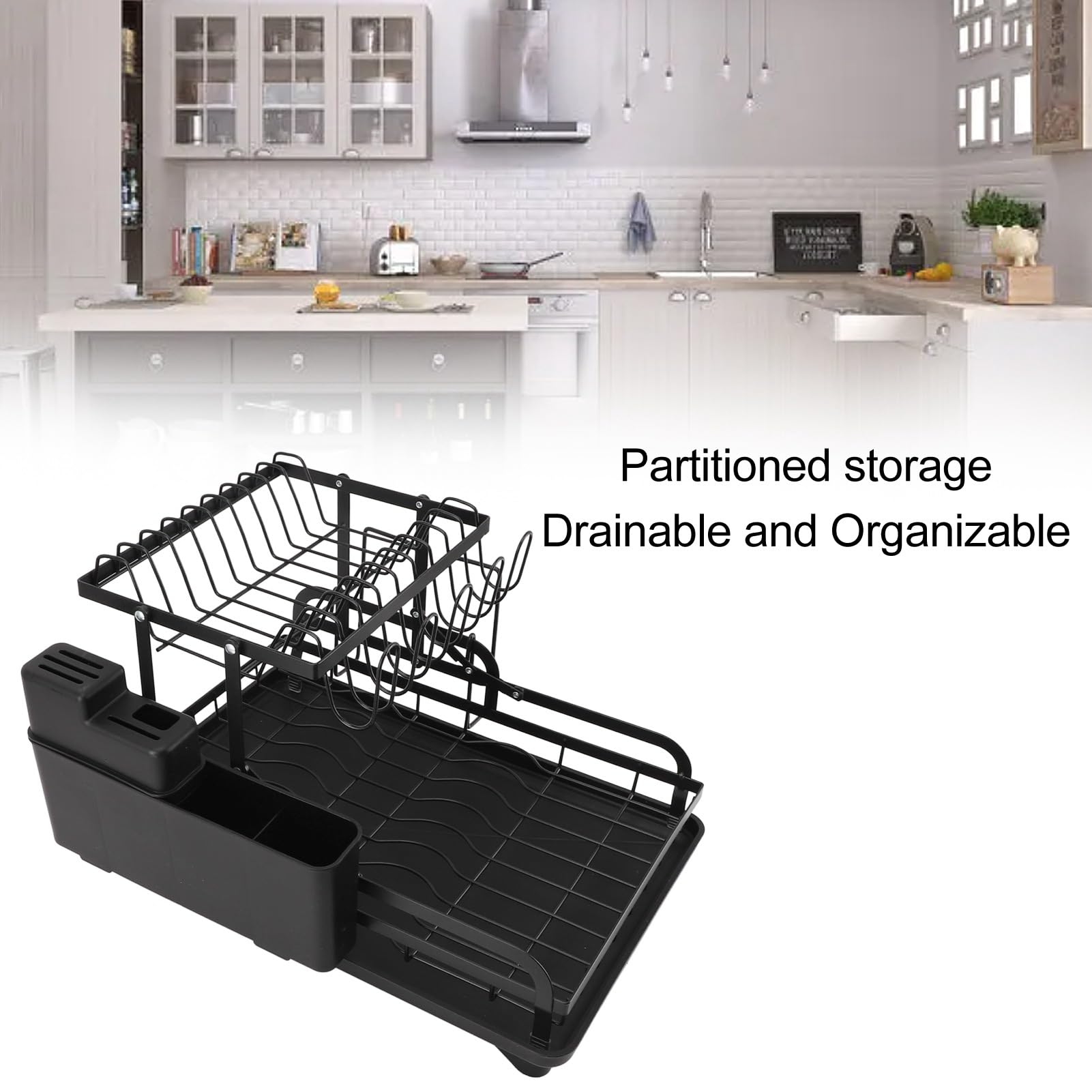 2-stufiger, Zusammenklappbarer Geschirrtrockner mit Abtropffunktion, Multifunktionales Aufbewahrungsregal für Küchenutensilien, Doppellagiges Design (Black)