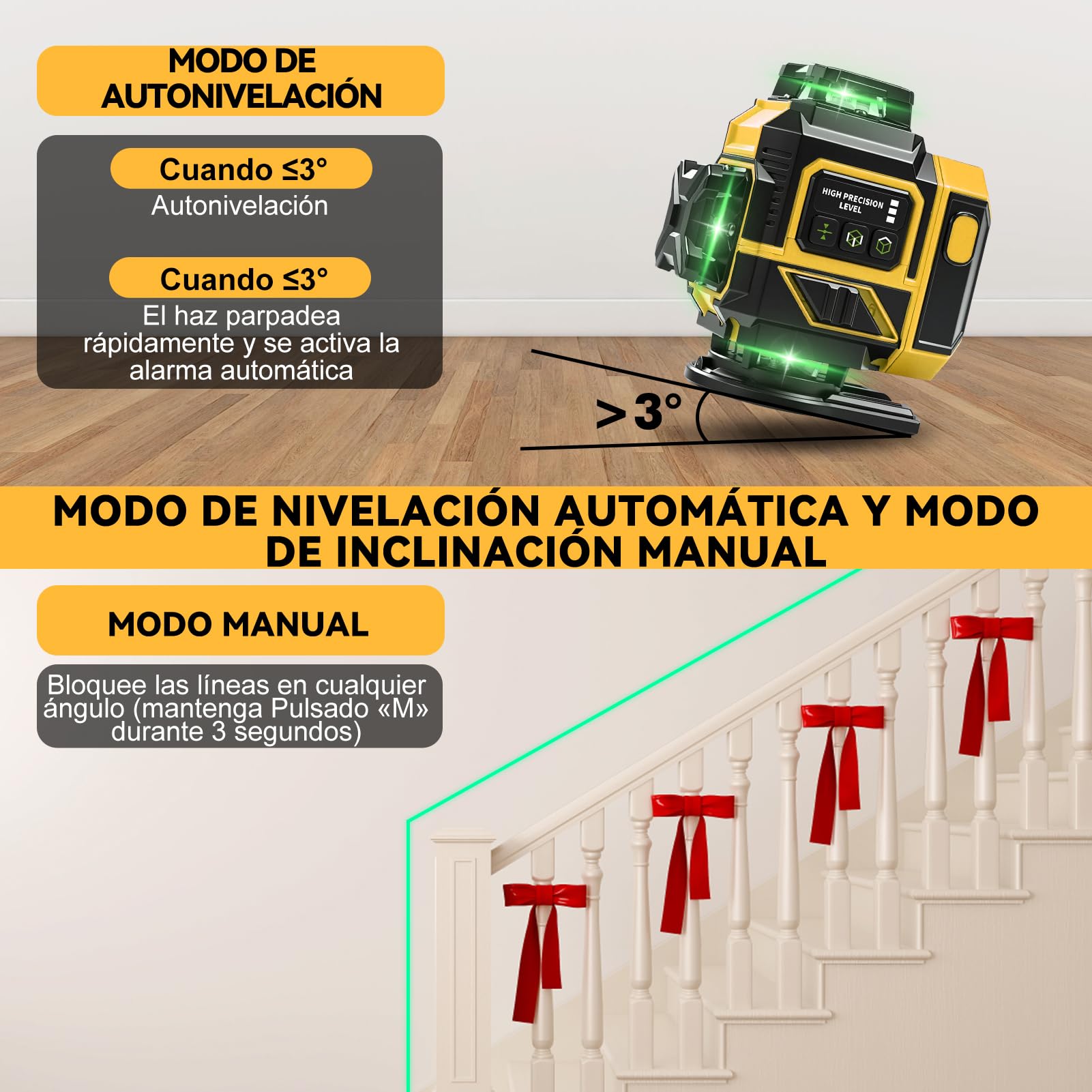 Nivel Laser Autonivelante 360 Grados, Nivel Láser Verde 16 Líneas, Línea Verde Cruzada Horizontal y Vertical Con 2 baterías de 3600 mAh y trípode telescópico, IP54, para Obras, Interiores