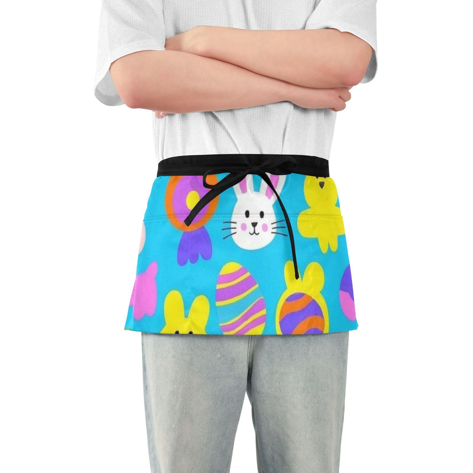 QwThum Waitress Apron with Pockets Server Waist Apron Half Short Personalized Waterproof for Serving Hair Stylist Cooking Gardening Rabbit Easter Eggs Are Colorful