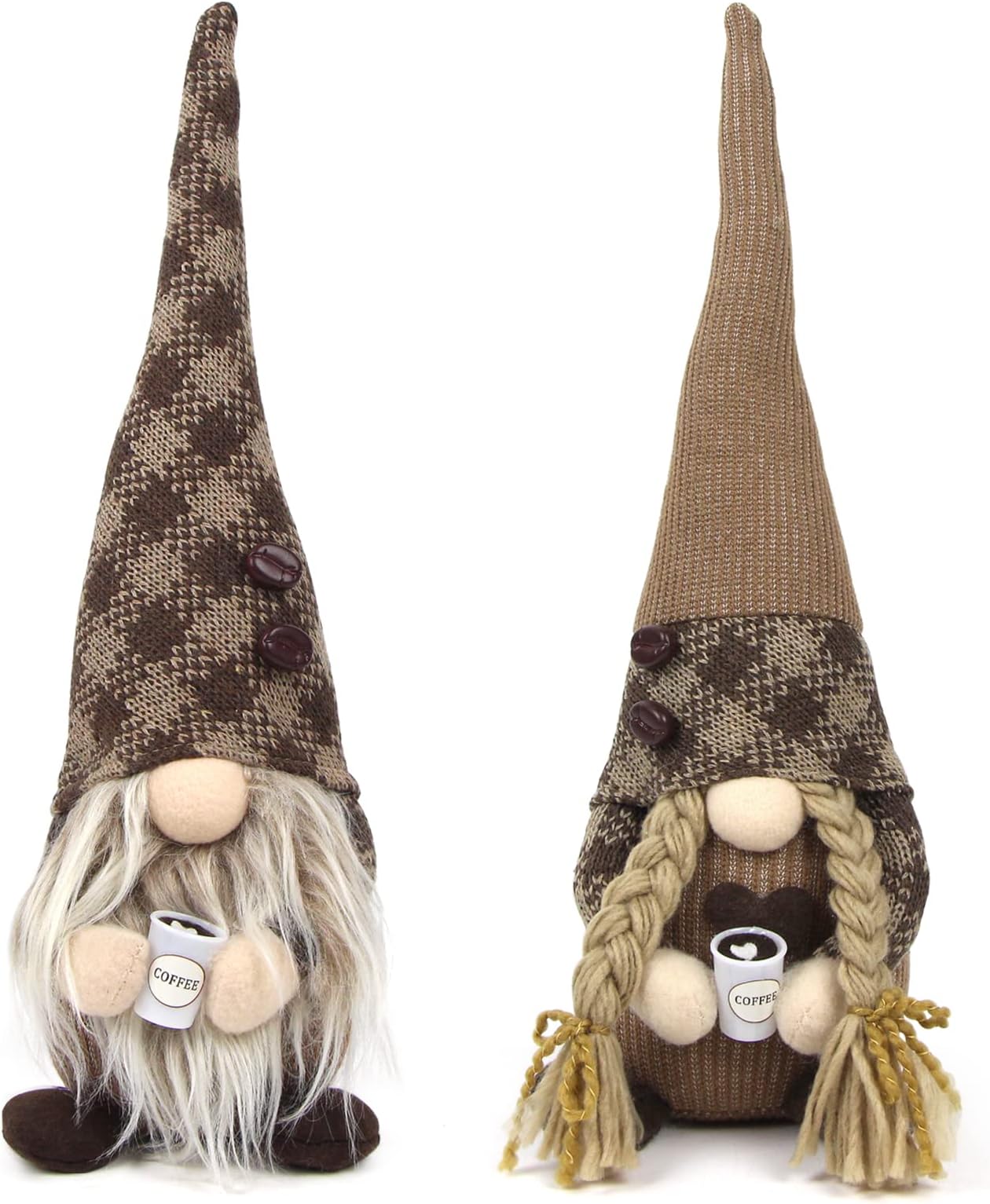Mrlikale 2Pcs Coffee Gnomes Plush Decor, Coffee Table Coffee Bar Gnomes Decorations, Handmade Elf Dwarf Collectible Figurines Plush Doll for Home Office Decor(Dark Brown)