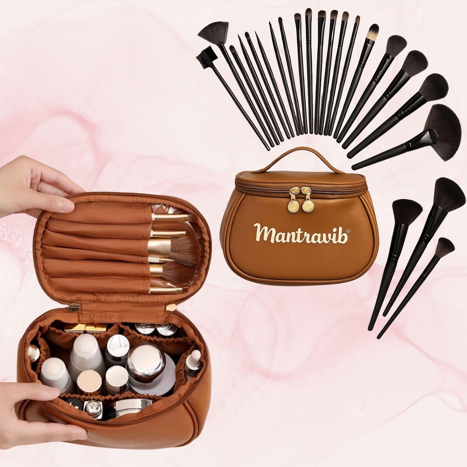 Set di 24 pennelli da trucco professionali con custodia da viaggio in pelle PU di alta qualità, morbide setole vegane, kit di pennelli per trucco viso e occhi, per donne e ragazze, borsa compatta