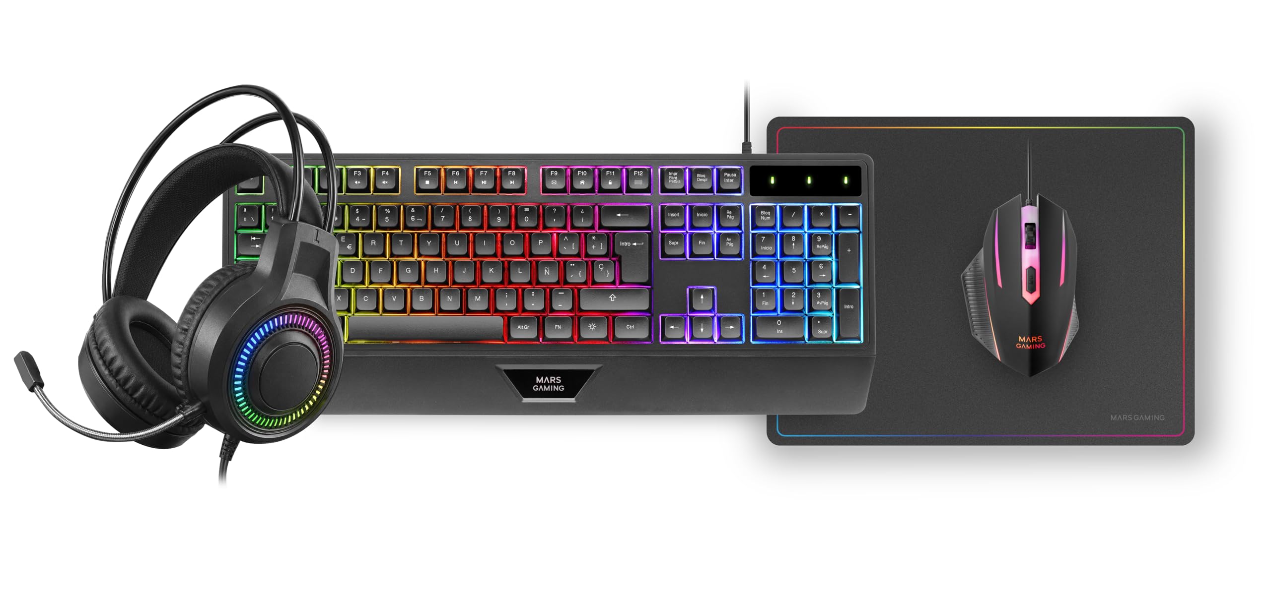 Mars Gaming MCP124PRO, Espagnol, Combo Gaming 4en1, Clavier RGB H-Mech avec Repose-Poignets, Souris RGB 3200DPI et Switches HUANO, Casque FRGB, Tapis Nanotextile 36x26cm, Multiplateforme, Noir