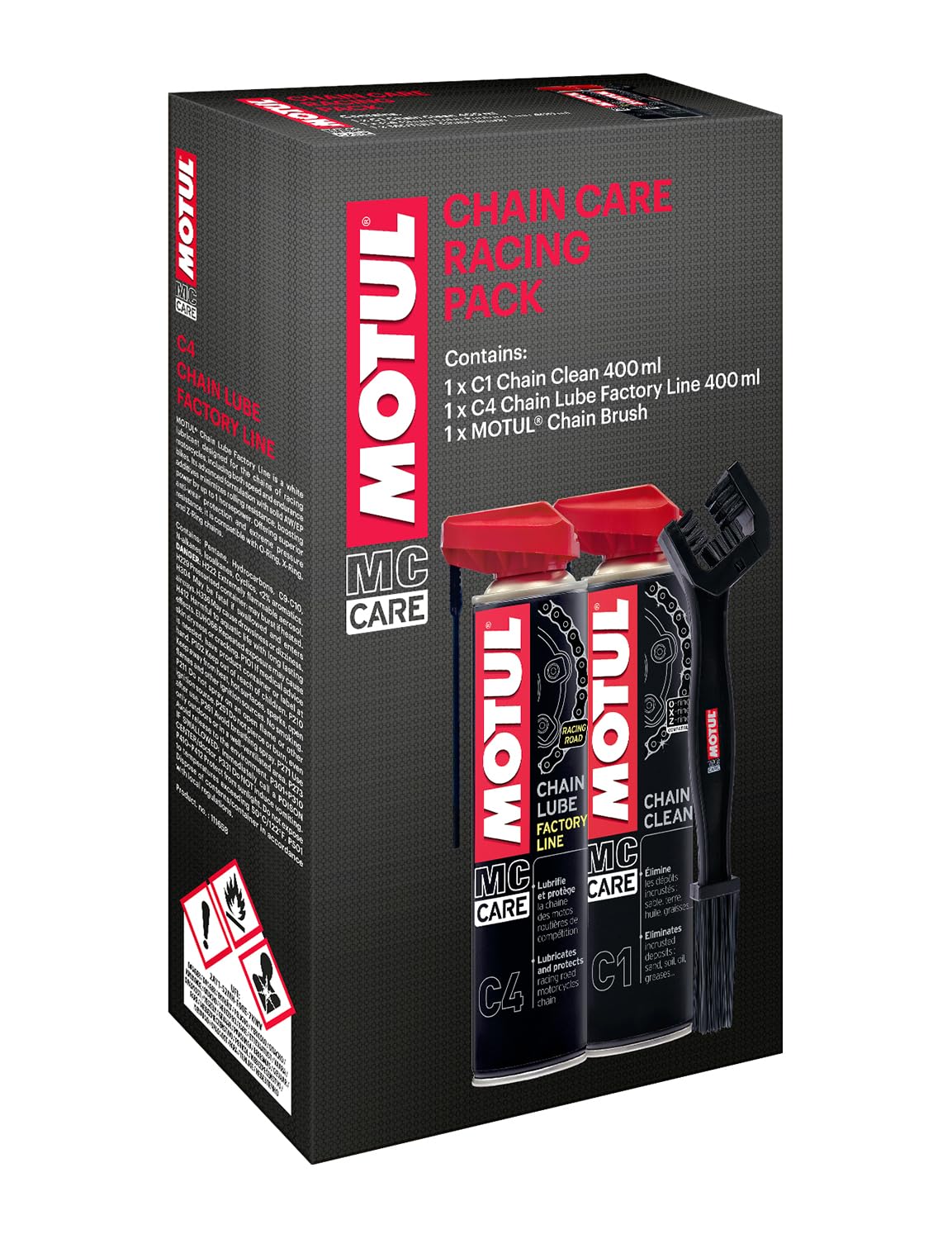 Motul - Kit di Manutenzione - Pulitore Spray per Catena Moto + Lubrificante per Catena Moto da Corsa + Spazzola Non Abrasiva - MC Care Chain Clean C1 - MC Care Chain Lube Factory Line C4