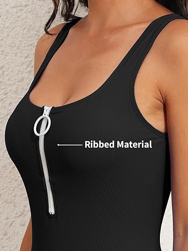 Miniatura 4 de SOCIALA Traje de baño de una pieza con cremallera para mujer, traje de baño acanalado de corte alto, traje de baño con cuello cuadrado, trajes de