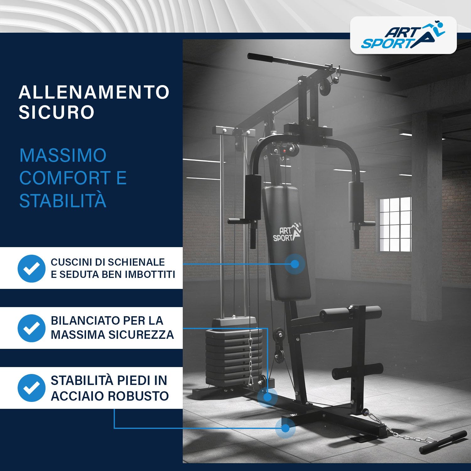 ArtSport Panca Multifunzione ProfiGym 2000 con barra lat e butterfly, cavo di trazione e estensore delle gambe - 9 pesi da 40 kg - Stazione multifunzionale per allenamento a casa