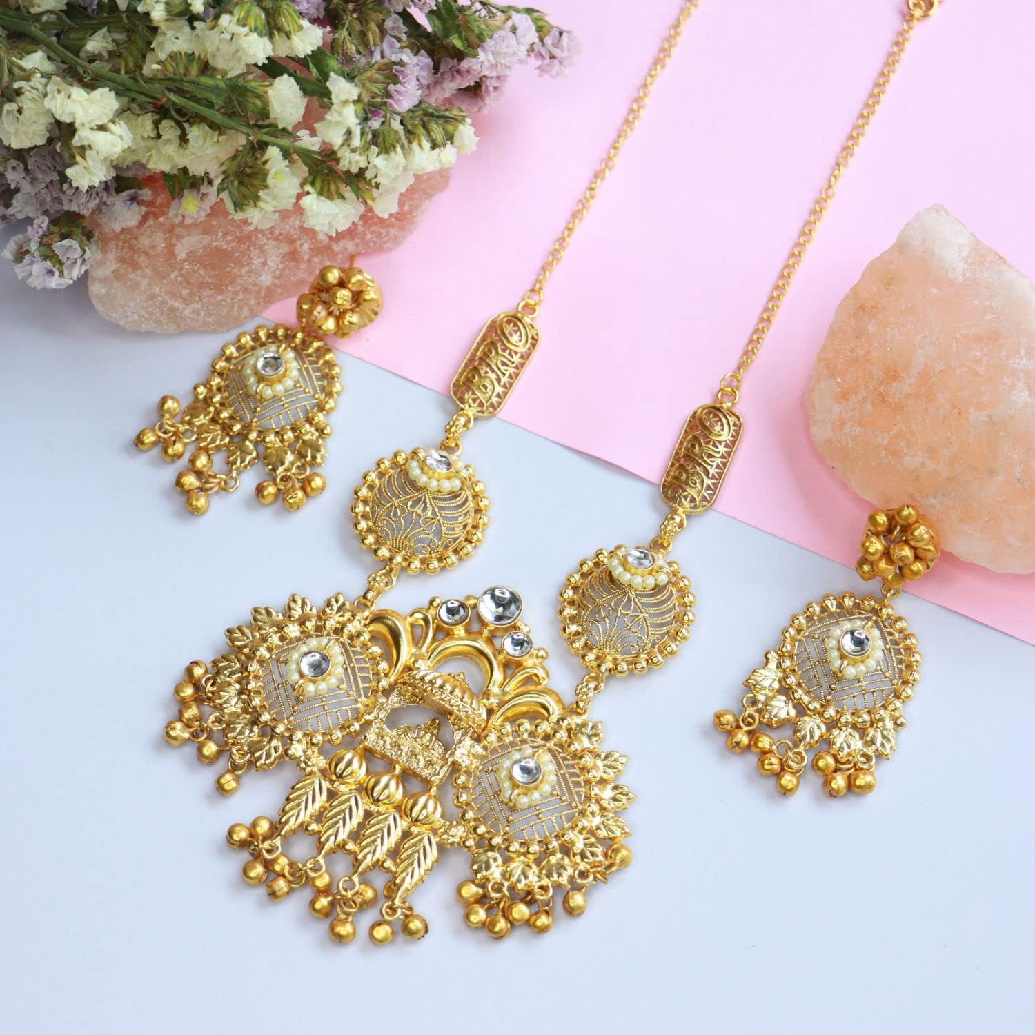 I Jewels 18k Gold Plated Indian Wedding Bollywood Antique Long Necklace Jewellery Set with Earrings for Women (MC090-96FL)