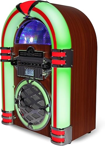 Miniatura 2 de VICTOR Wilshire Jukebox Bluetooth de escritorio con radio FM, altavoz estéreo integrado e iluminación LED multicolor, caoba (VDTJ-1450-MH)