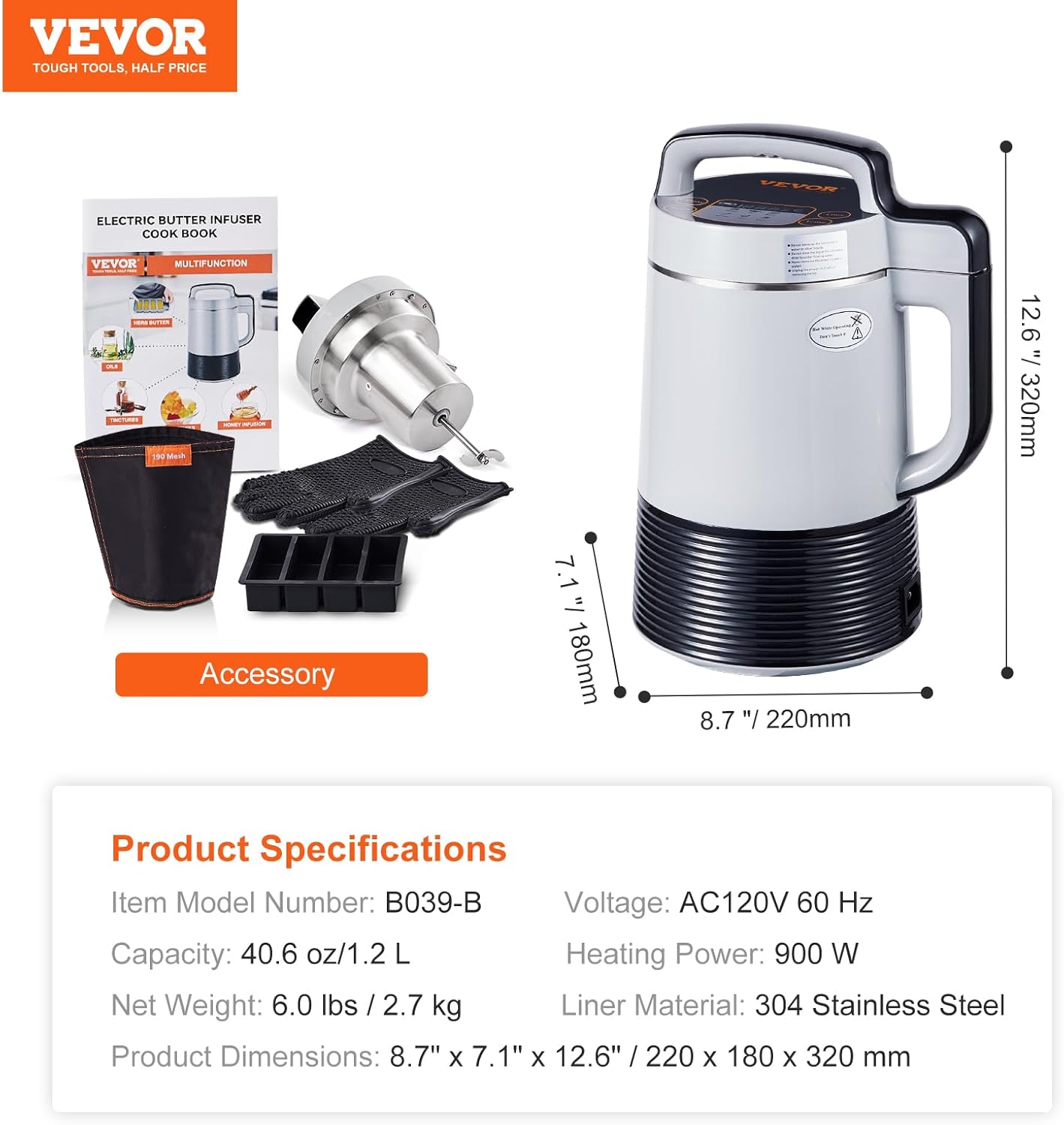 VEVOR Magic Butter Machine, 6 Functions, Butter Infuser Machine & Oil Infusion Machine with Customizable Temperature And Time, 190 Mesh Filter, Silicone Glove, Butter Mold, Cookbook