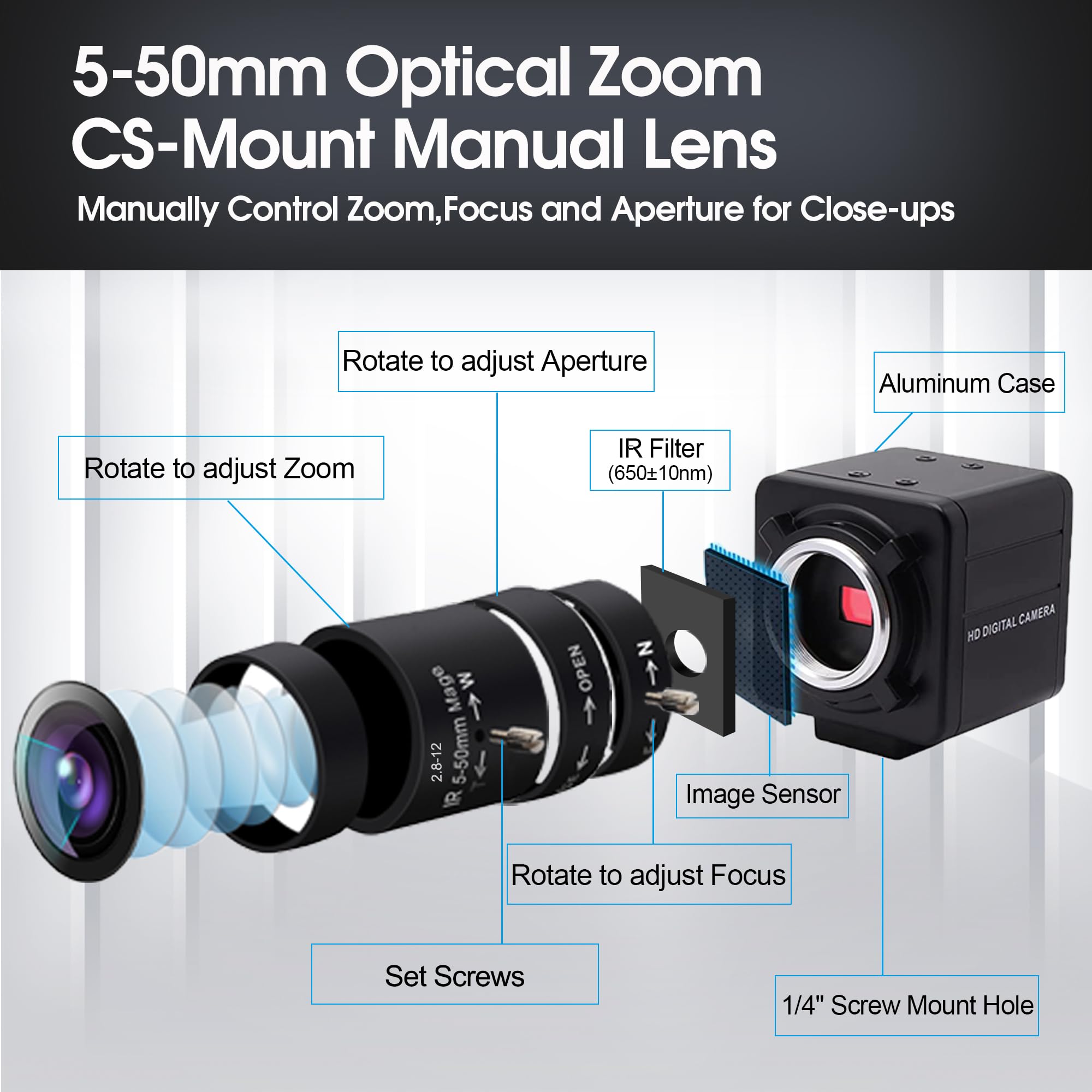 SVPRO Glof Swing Camera ad alta velocità 260fps 1080P 60fps Messa a fuoco manuale Webcam per computer con obiettivo 5-50mm Zoom ottico 10X Close-up per Windows Linux MacOS Android Raspberry Pi