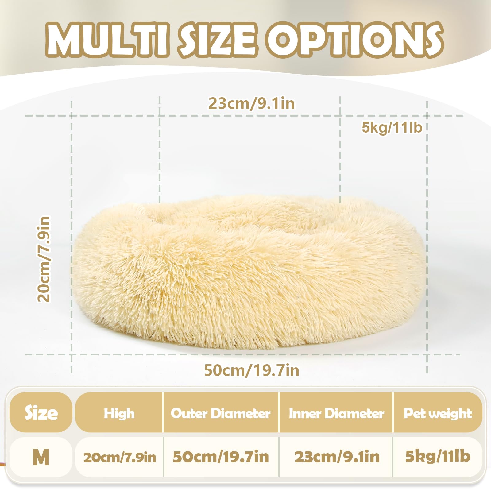 MDDK DY Cuscino per Cani, Cuccia Cane Interno Morbida Rotonda, Cuccia gatto Lavabile e soffice, Base Antiscivolo e Anti-ansia, lettino per cani 50 cm Beige Chiaro