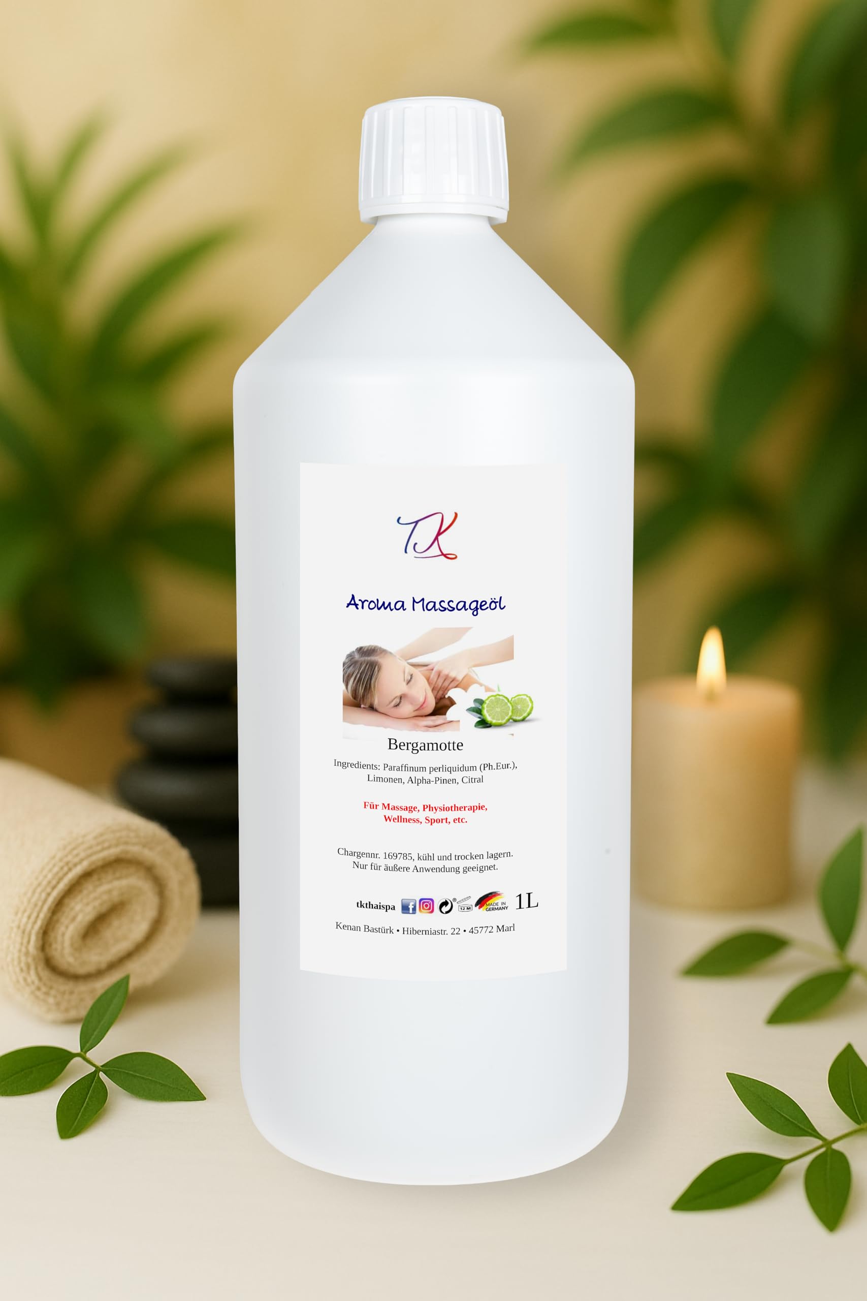 Aceite de masaje aromático para masajes, fisioterapia, bienestar y mucho más, grado medicinal (1l, Bergamota)