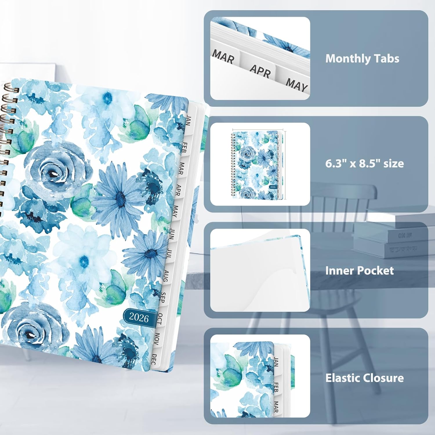 2026 Planner, Weekly and Monthly Calendar Planner, January - December 2026 Daily Agenda for Acadecmic Planning, School Office Supplies, Blue Blooms