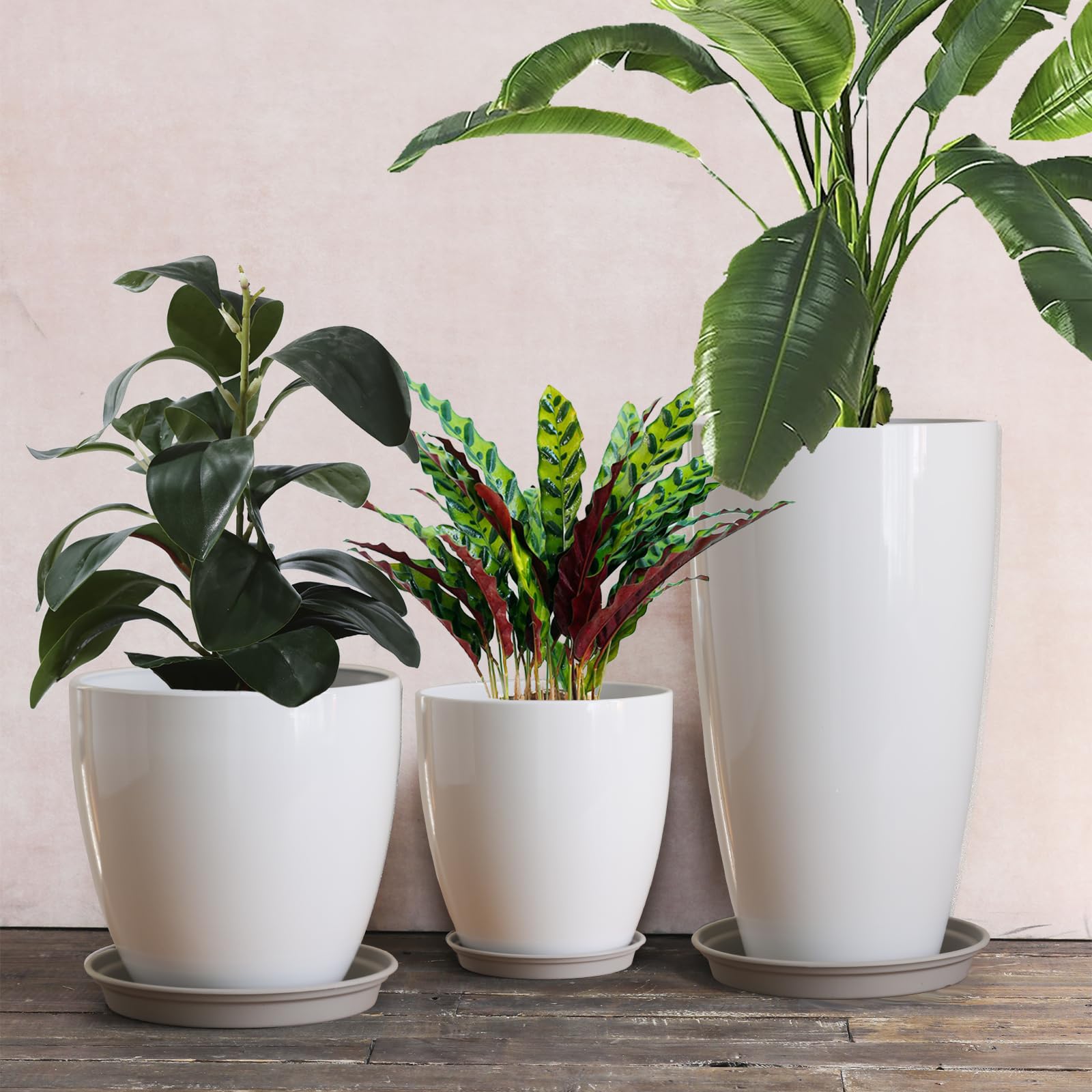 Macetas Redondas Altas con Agujeros de Drenaje/Plato Macetas Decorativas de plástico para Plantas de Interior y Exterior, macetas Blancas 3 Paquetes 28+30+53cm de Altura