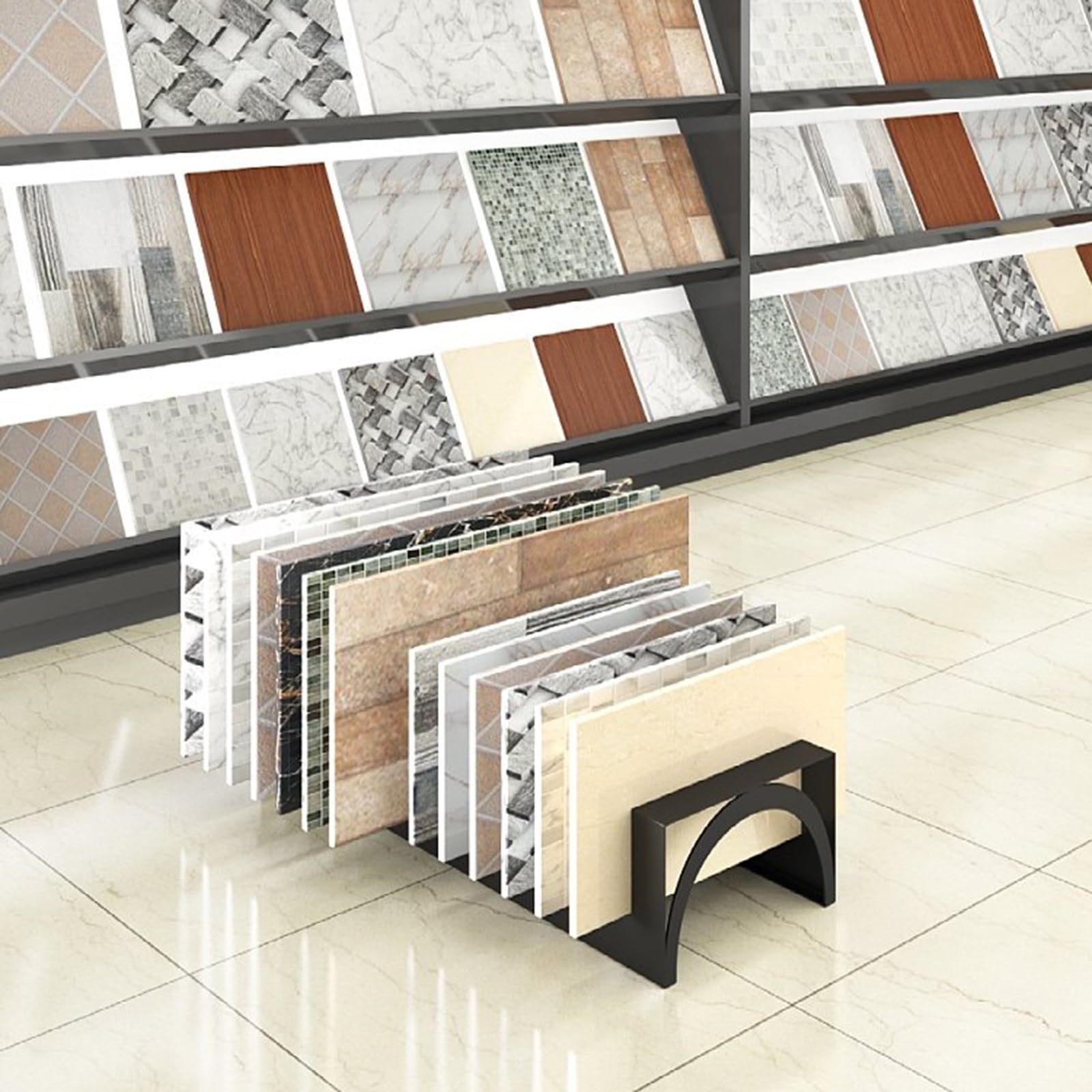 Espositore in Metallo per Piastrelle da Pavimento, Porta Campioni con Fessure e Base Stabile, Ideale per Negozi, Showroom, fiere ed esposizioni (Grigio, Piccolo)