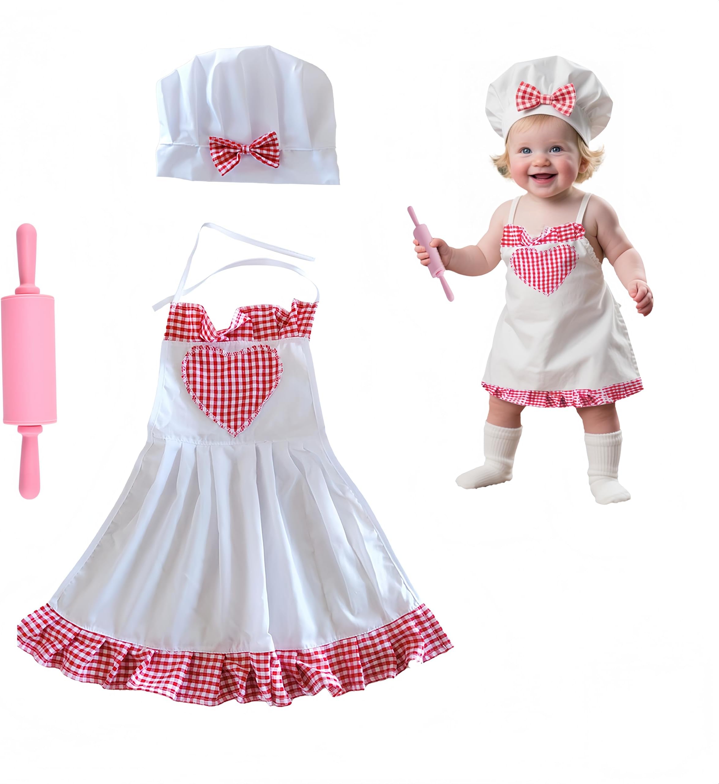 3 Pack Baby Photography Props, Baby Chef Hat Apron and Mini Silicone Rolling Pin for 8-24 Months, Newborn Photoshoots Posing Photo Accessories