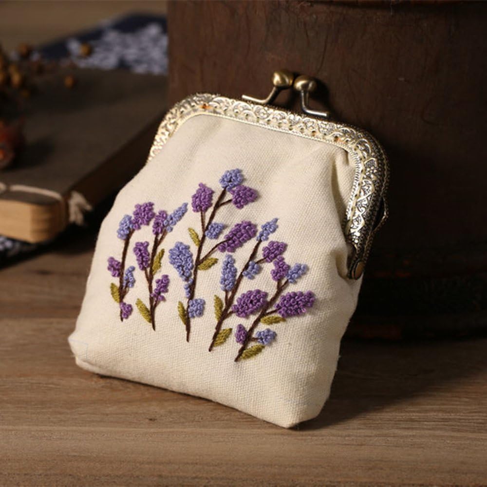 Full Range of Embroidery Starter Kit with Partten, Cross Stitch Kit Including Embroidery Cloth with Color Pattern, Plastic Embroidery Hoop, Color Threads, and Tools Kit (Coin Purse) (WWWX)
