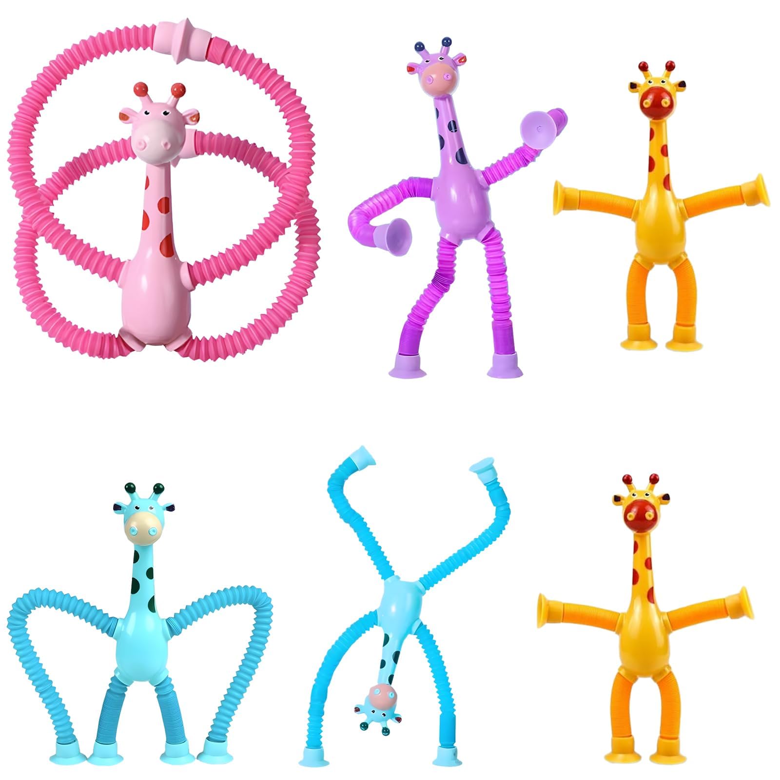 6 Pcs Fidget Toys for Toddlers, Telescopic Suction Cup Giraffe Toys for Toddlers, Suction Toy Set, Giraffe Sensory Play for Kids, Travel Toys for 1-5 Year Olds, Stress Relief with Multiple Colors