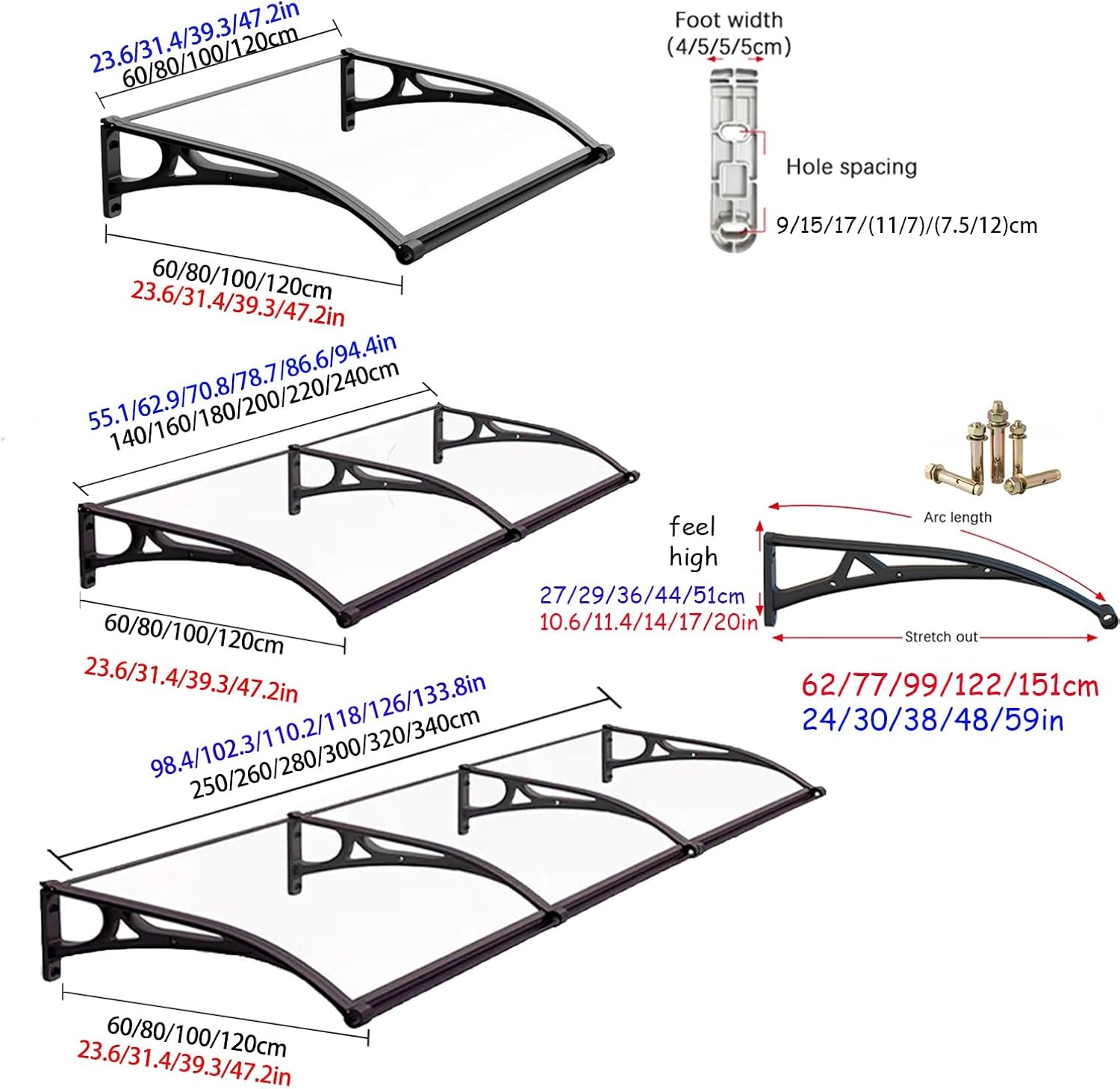 Outdoor Doors Window Awning, Exterior Awning with Gutter, Polycarbonate with Aluminum Alloy Bracket, Porch/Patio/Deck Front Door Overhang, Hollow Sheet UV/Rain(Blue,60x100cm/24 x39)
