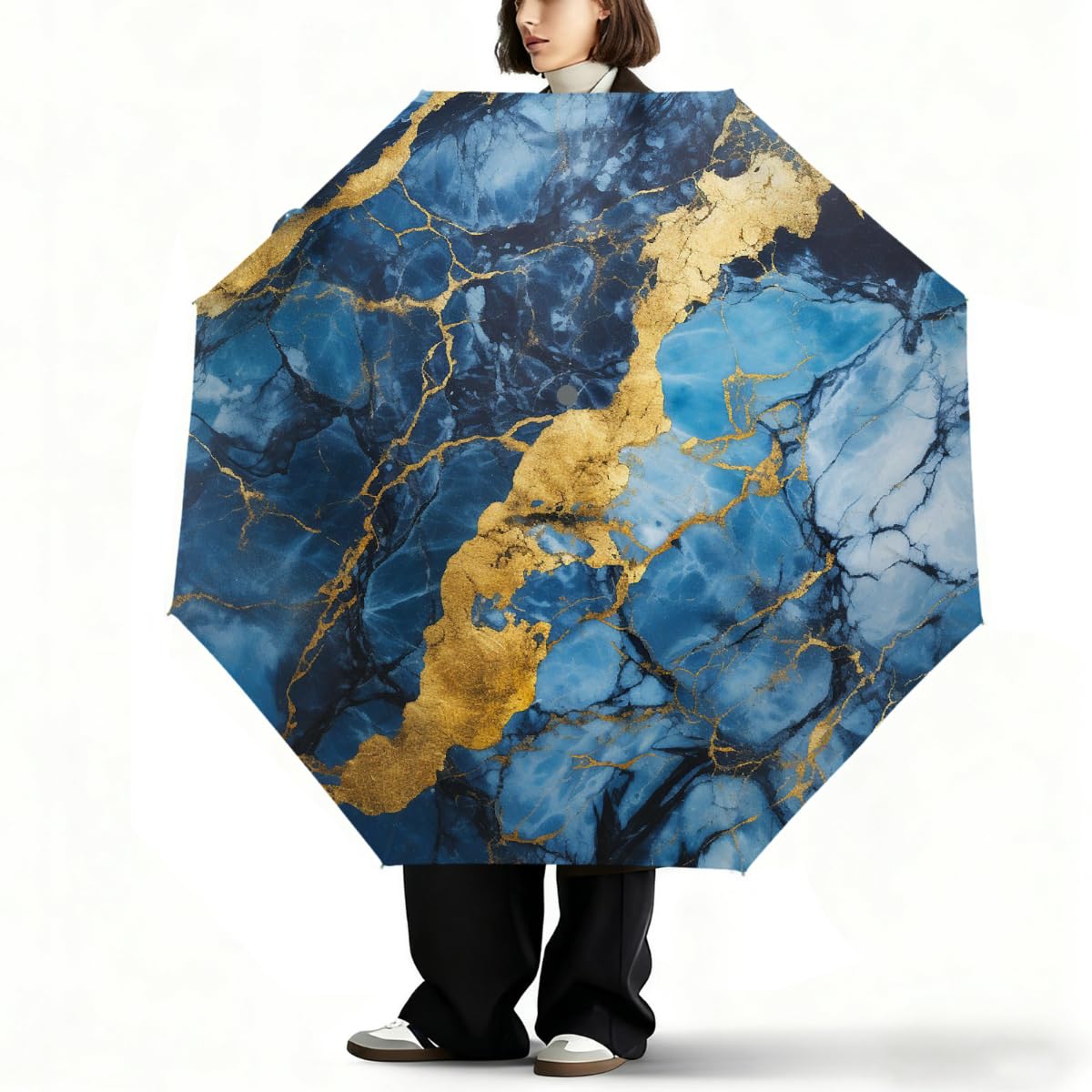 Ombrello pieghevole da viaggio con motivo a crepe blu marmo oro ombrello compatto antivento impermeabile con protezione UV rivestimento nero leggero 8 coste portatile per pioggia sole
