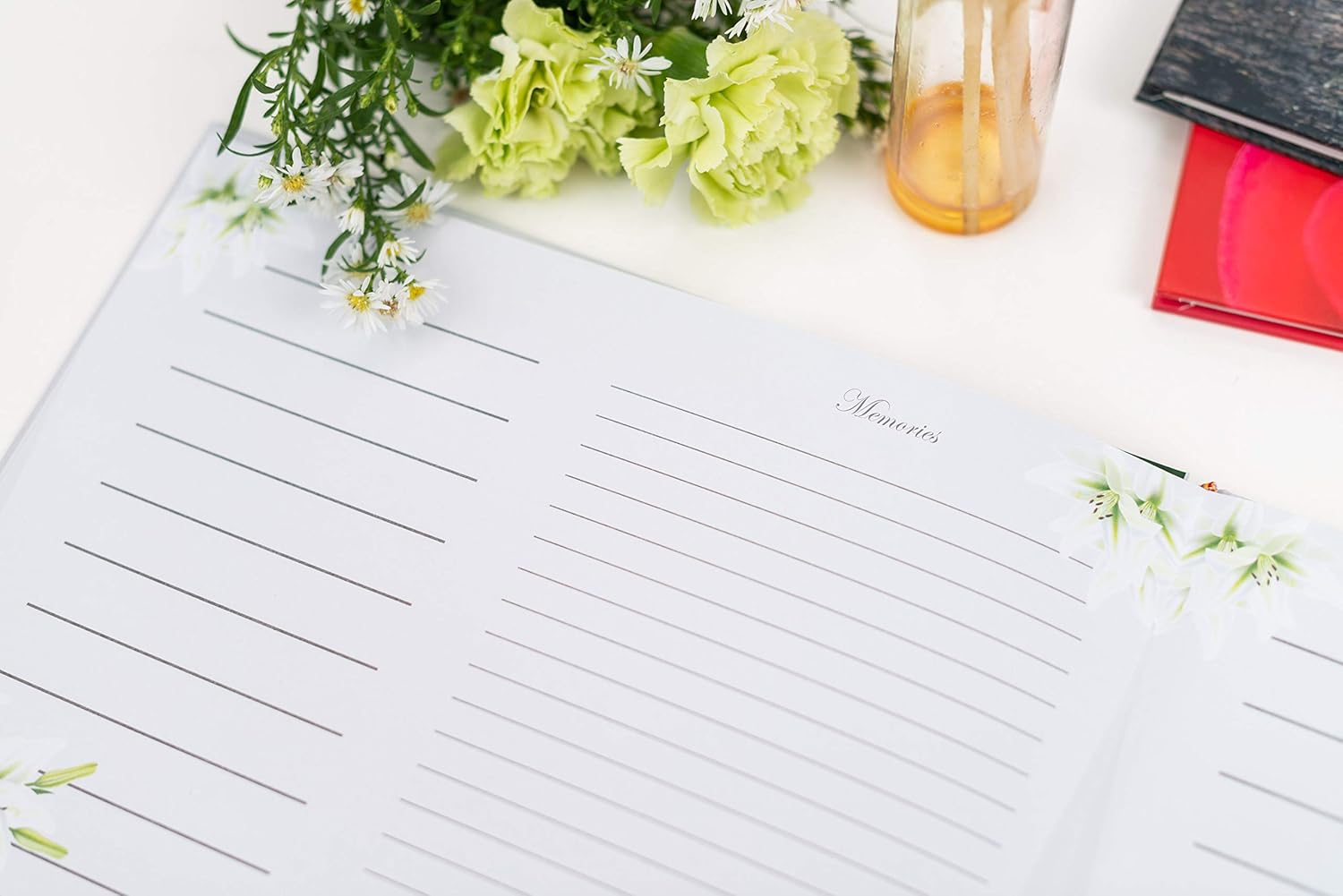 Funeral Guest Book Hardcover Memorial Guest Book White Classic and Elegant with 15 Sheets for Names and Messages Funeral Registry (Flower Design)