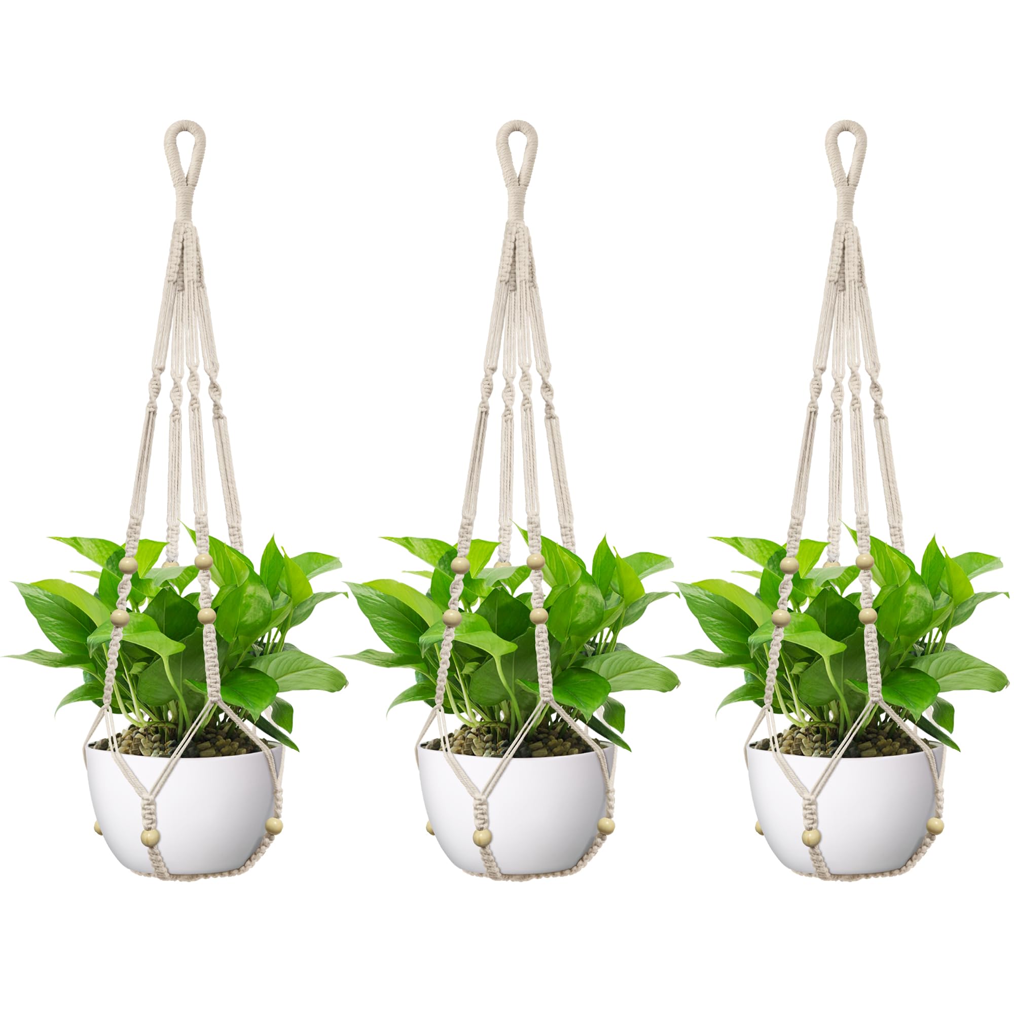 USLAI Macrame Plant Hanger Indoor Outdoor, Fits 4 to 15 Inch Pots, Strong Hanging Planter Holder, Boho Home Decor, 35 Inch, Ivory, Set of 3 (POTS NOT Included)