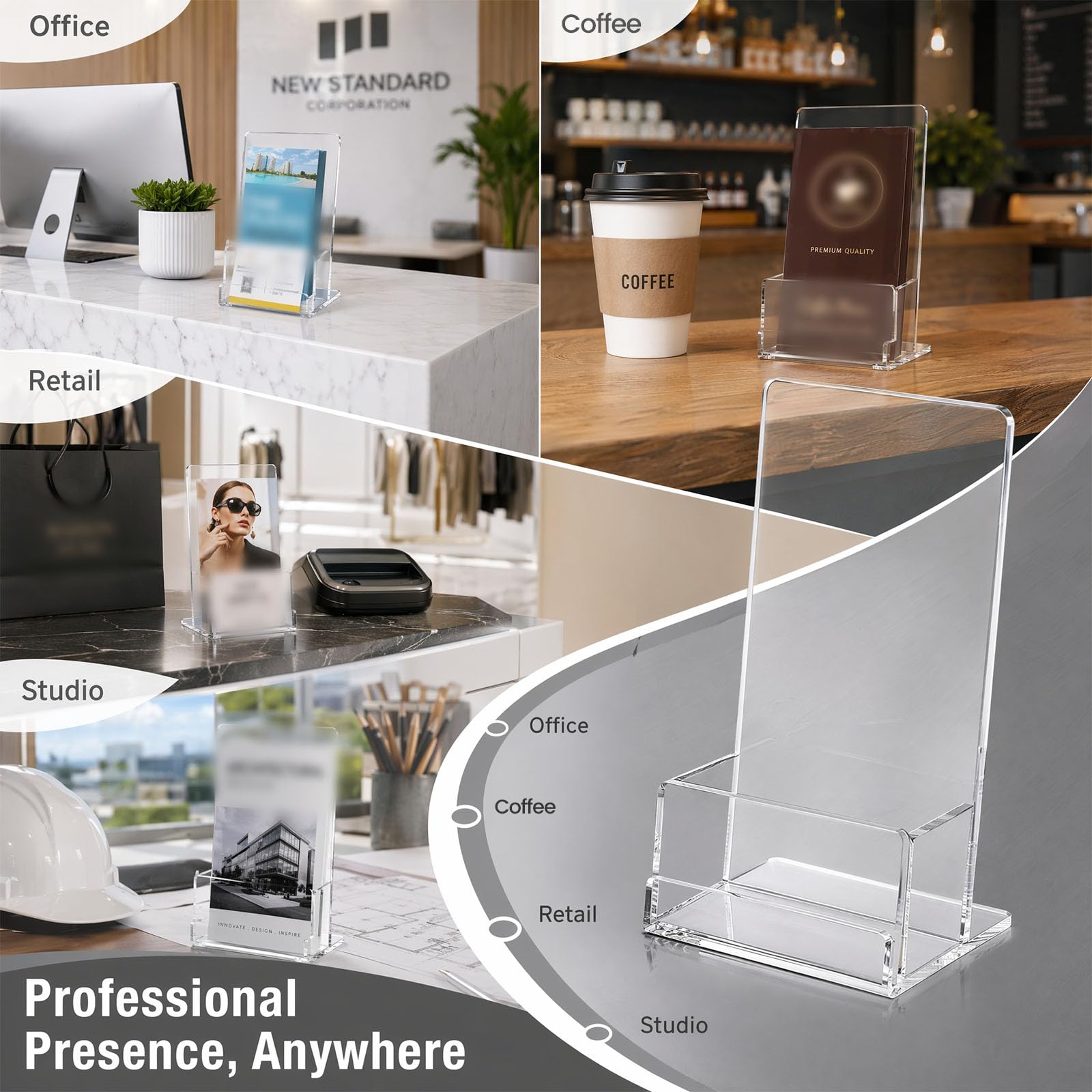 2 Pack Expositor para Folletos A6 de Metacrilato Transparente Soporte Inclinado con Porta Tarjetas de Visita Organizador de Flyers Publicidad Base Antivuelco Estable para Mesa Mostrador Negocio | Acrílico transparente con ranura para tarjetas de visita, 3