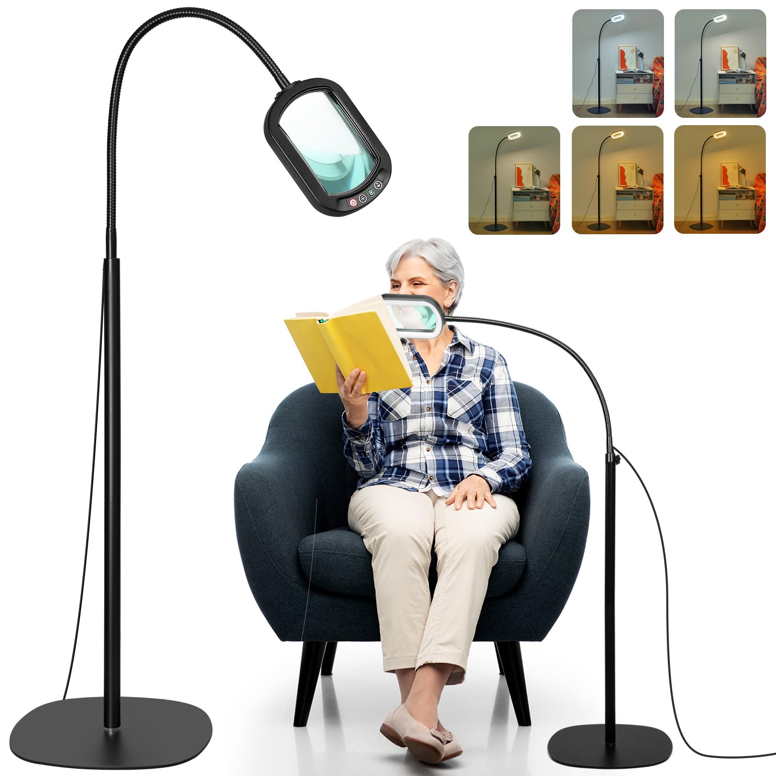 10X Rechteckige Lupe mit Licht und Ständer, 24-Zoll Flexibler Schwanenhals-Vergrößerungslampe mit Ständer, 5 Farbmodi stufenlos dimmbar, 3-in-1 LED-Vergrößerungslampe freihändig für Naharbeit, Lesen