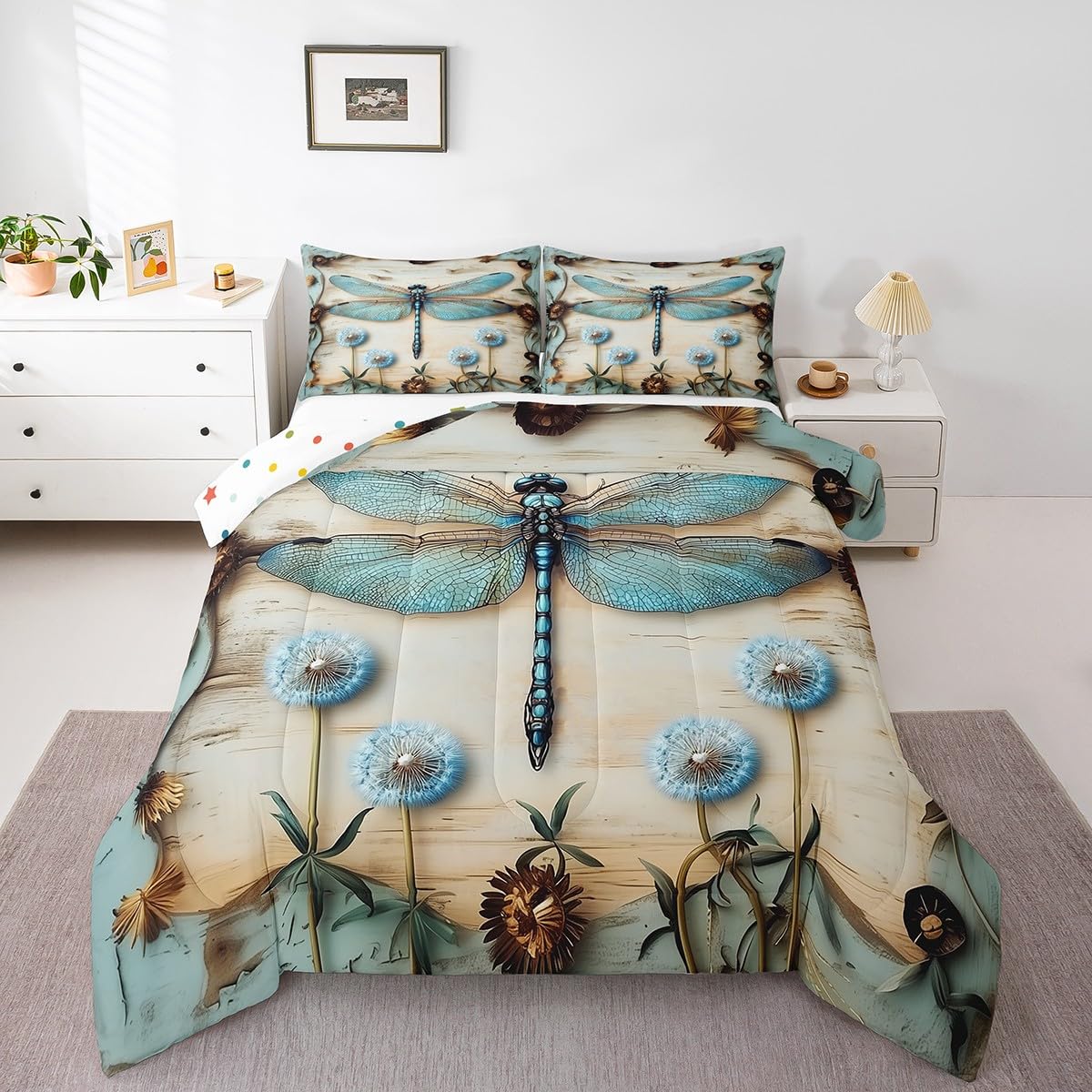 Dragonfly Dandelion Bedding Set King,Teal Blue Flying Dragonflies Comforter Set Wooden Rustic Plant Leaves Down Comforter,Farmhouse Floral Botanical