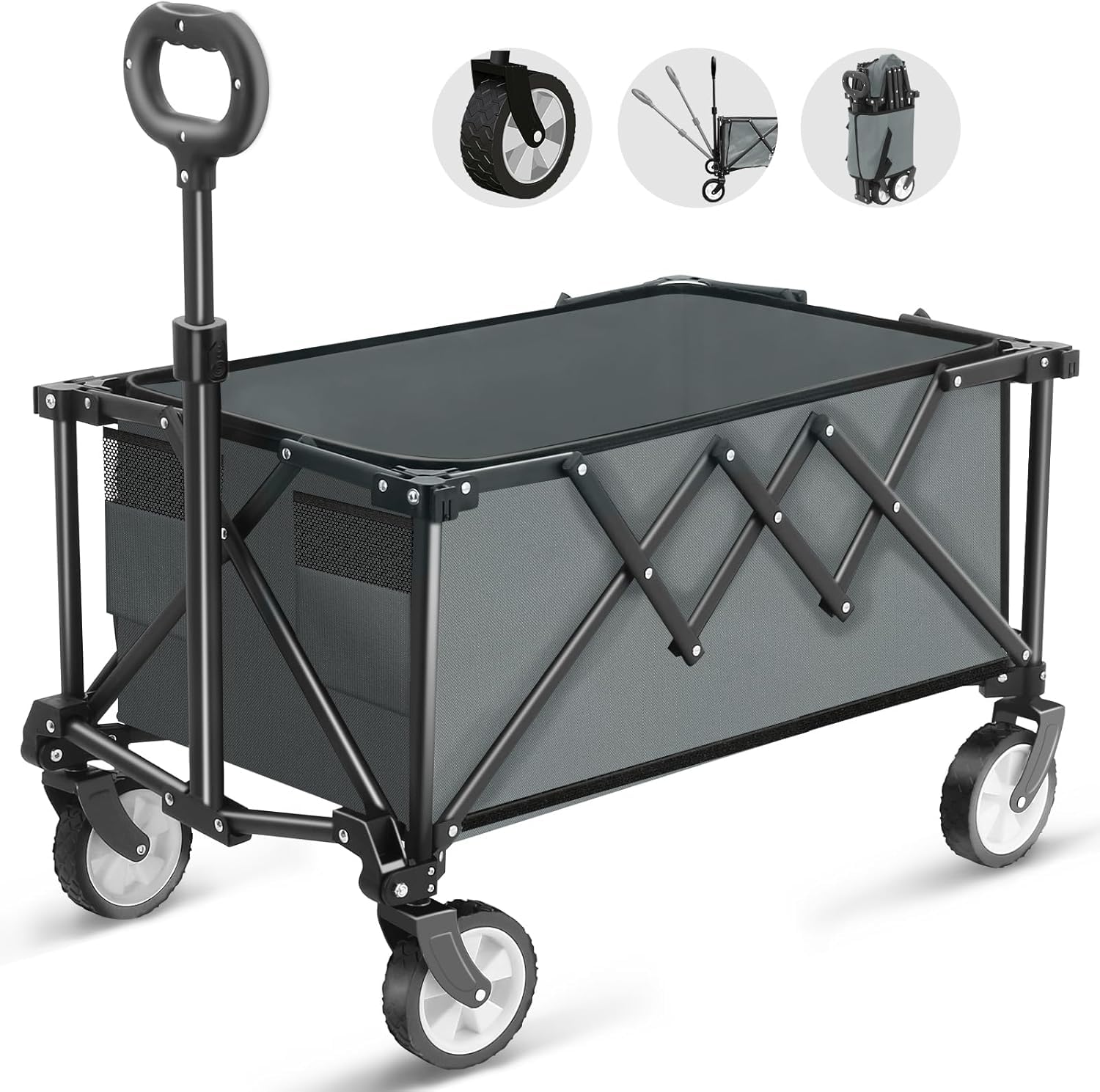 Folding Wagon, Folding Cart 100L All-Terrain Multicolor Adjustable Cover Picnic Camping Shopping Garden(Grey)