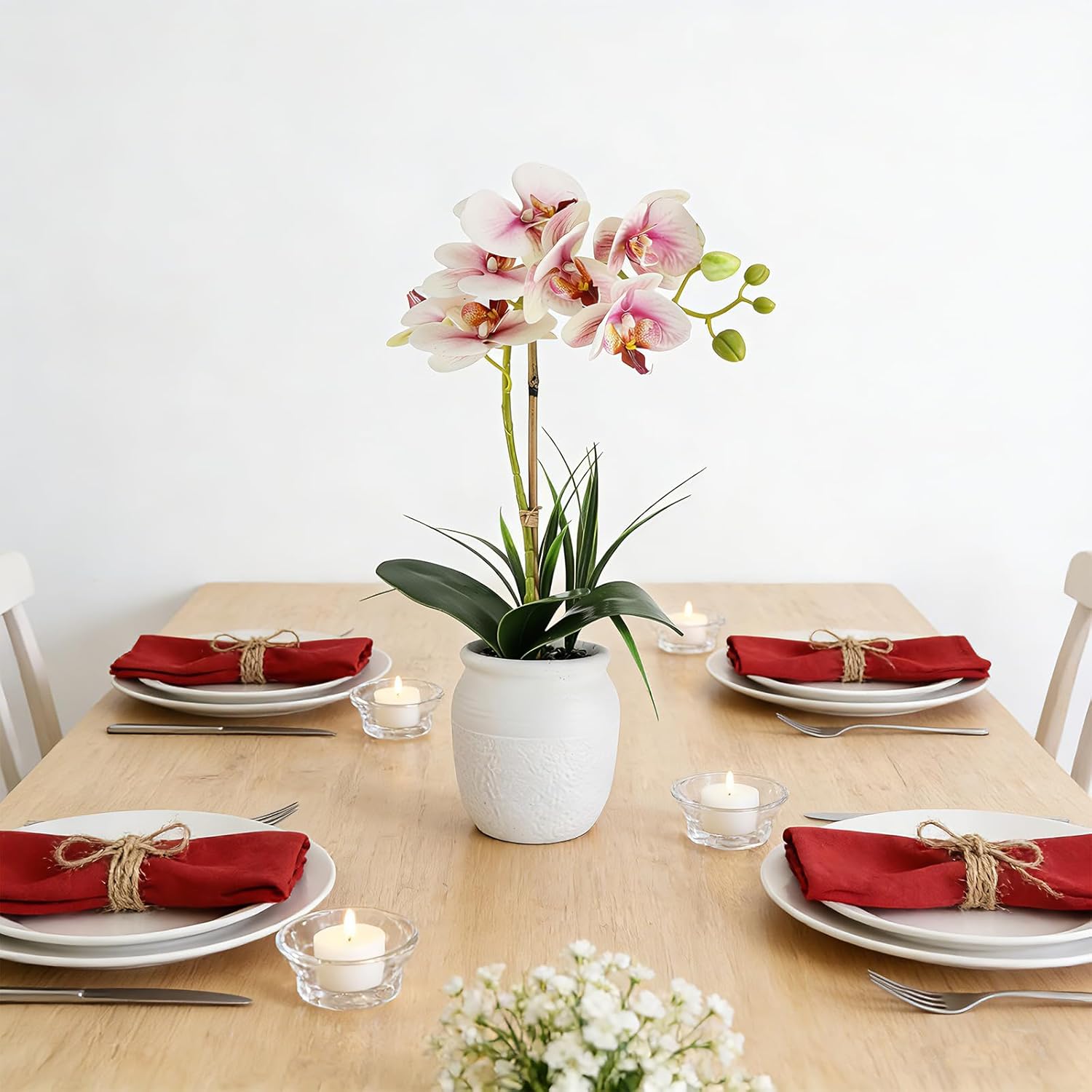 Orchid Artificial Flowers 18" Pink Fake Orchid Flowers in White Ceramic Pot Faux Orchid Plant for Home Decor Office Bathroom Table Centerpiece Indoor(Light Pink)