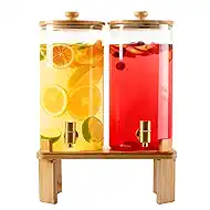 1.5 Gallon 2 Pack Glass Drink dispenser,Beverage Dispenser for parties supplies With Wood Stand,Water Dispensers with spigot,lemonade dispenser,juice containers & water pitcher with lid